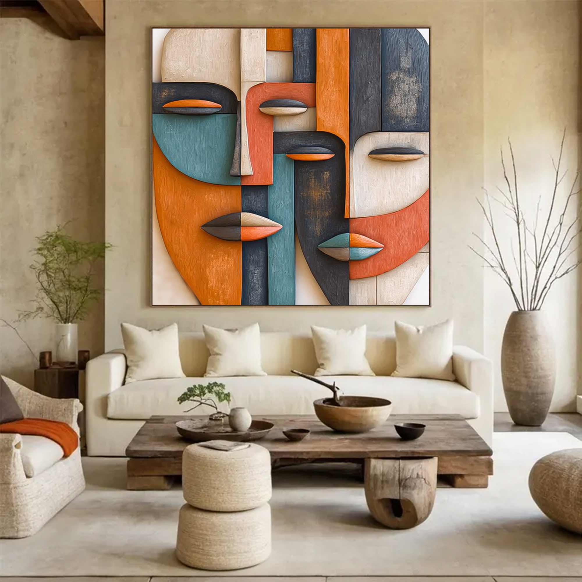 Hand-Painted Wood Carving Wall Art face Abstract 3D Textured Sculpture