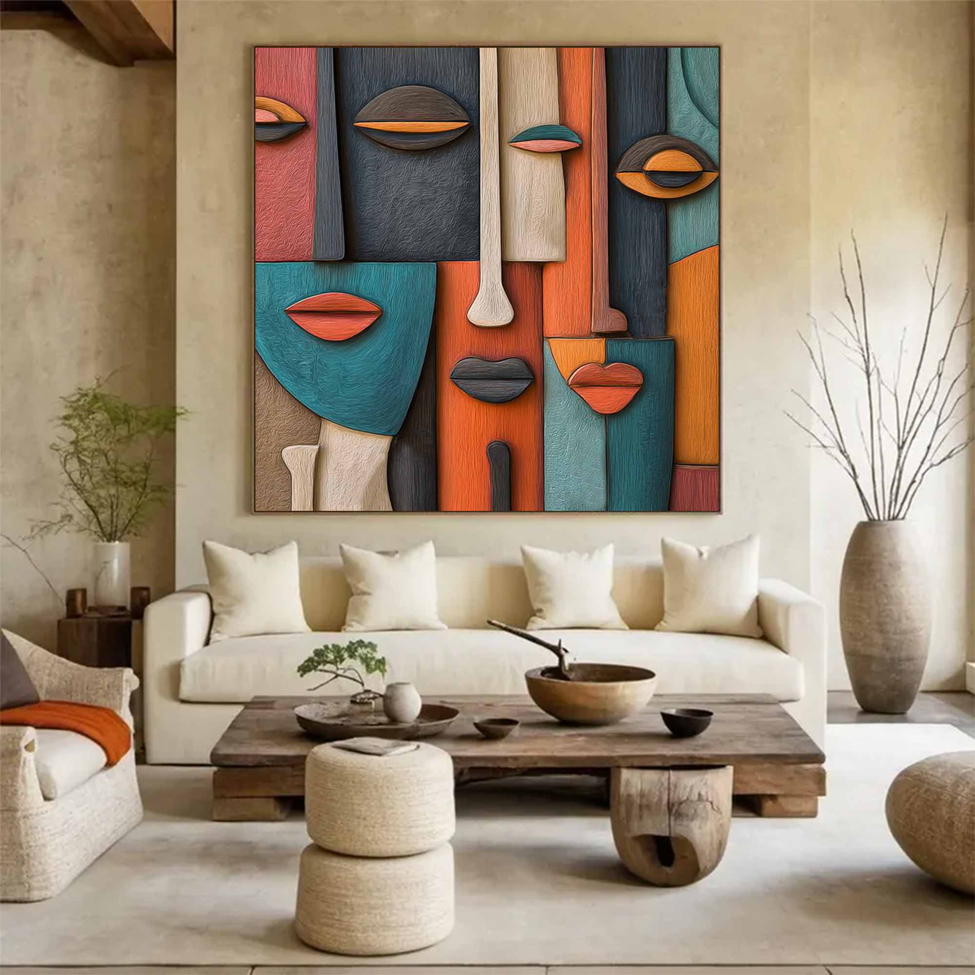 Hand-Painted Wood Carving Wall Art face Abstract 3D Textured Sculpture