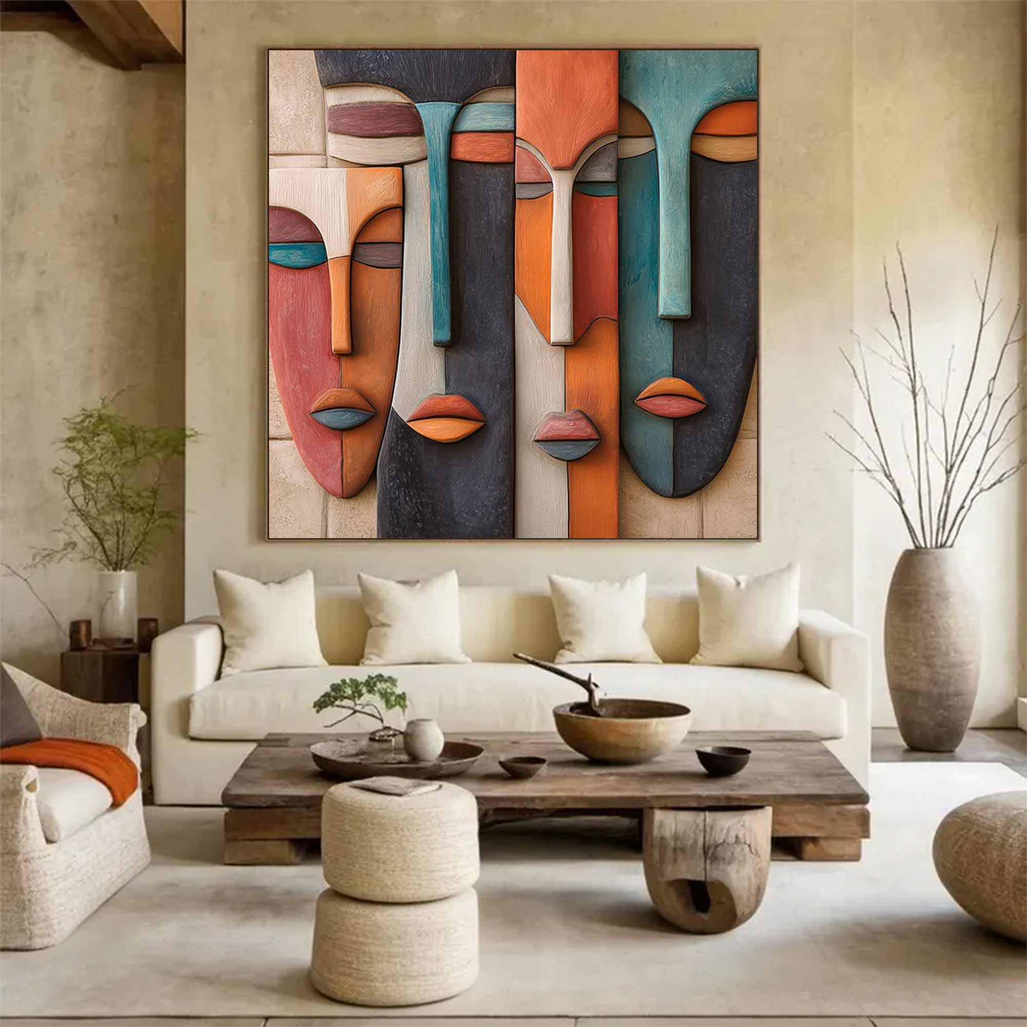 Hand-Painted Wood Carving Wall Art face Abstract 3D Textured Sculpture