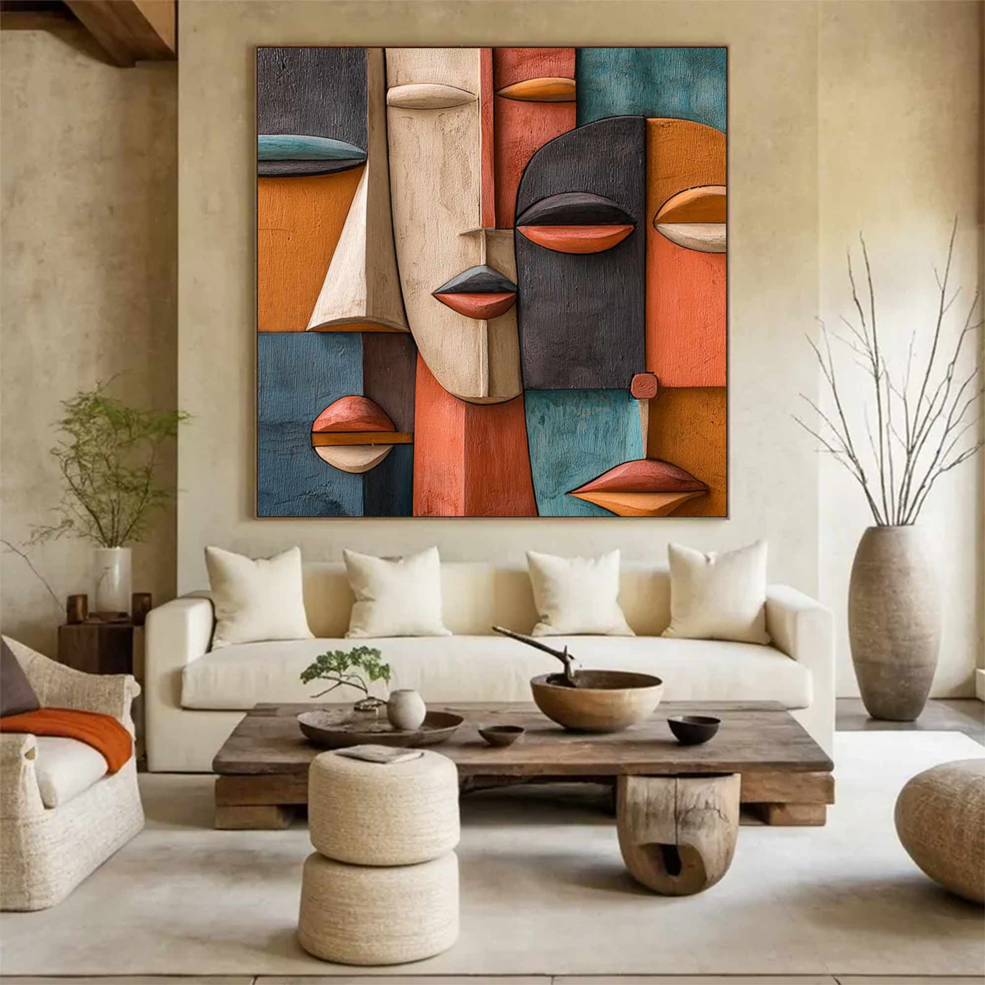 Hand-Painted Wood Carving Wall Art face Abstract 3D Textured Sculpture