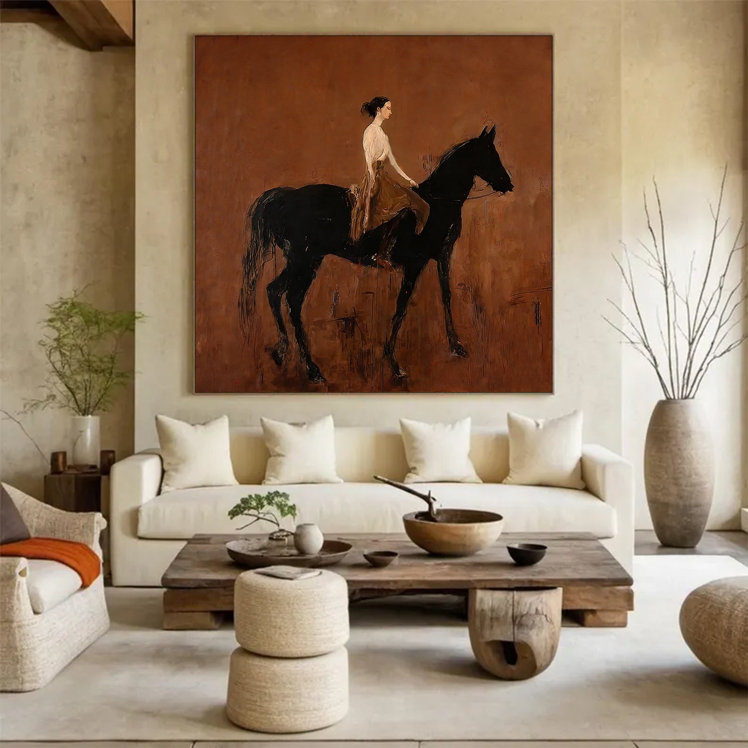Black Horse Painting Modern Folk Art Person Riding Horse Wall Decor