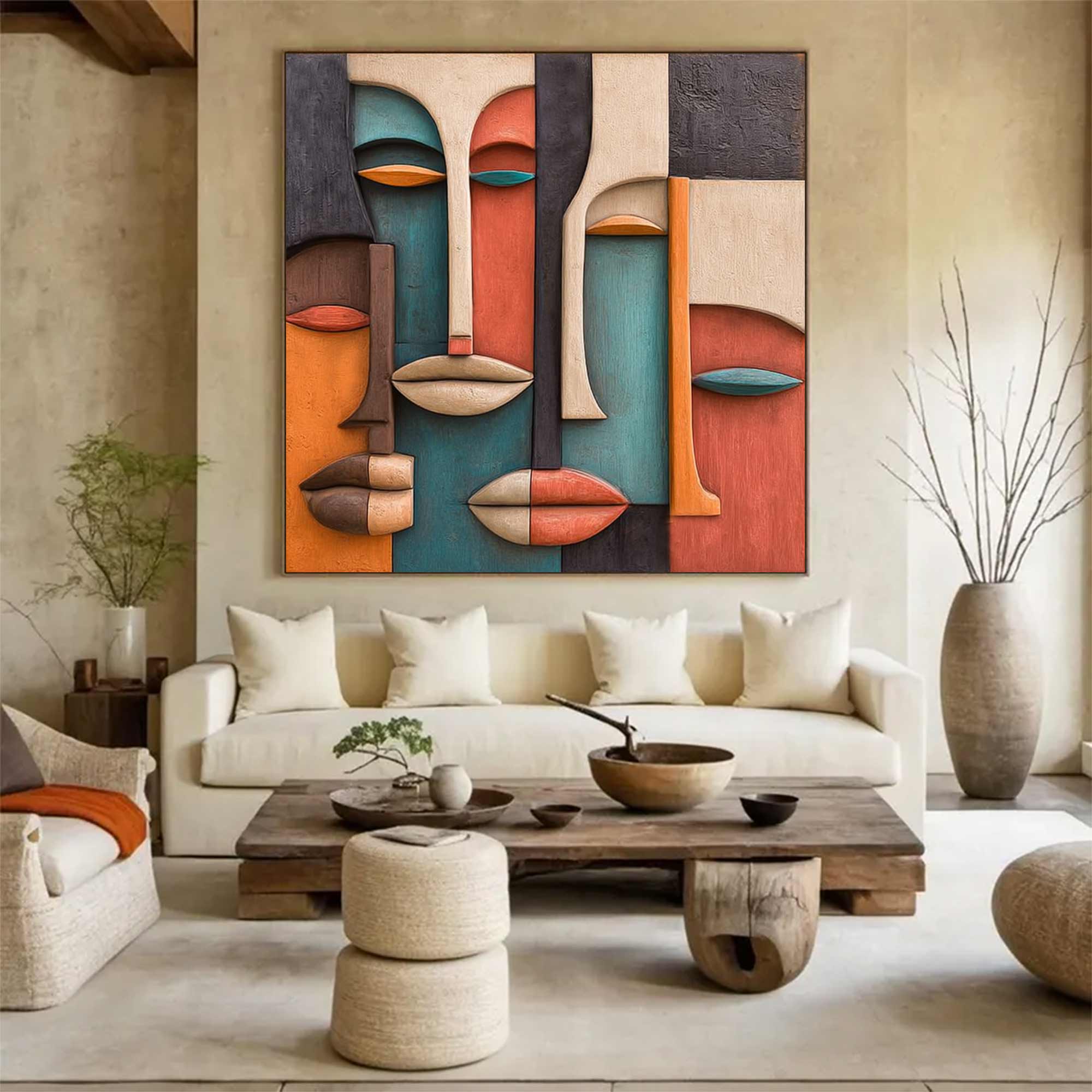Hand-Painted Wood Carving Wall Art face Abstract 3D Textured Sculpture