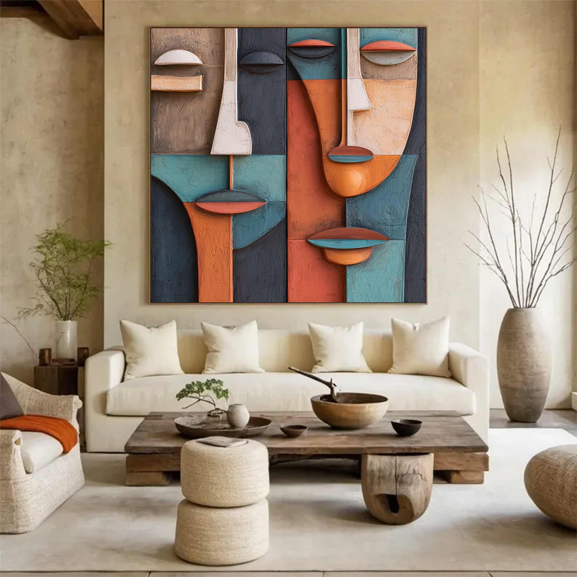 face Abstract 3D Textured Sculpture Hand-Painted Wood Carving Wall Art