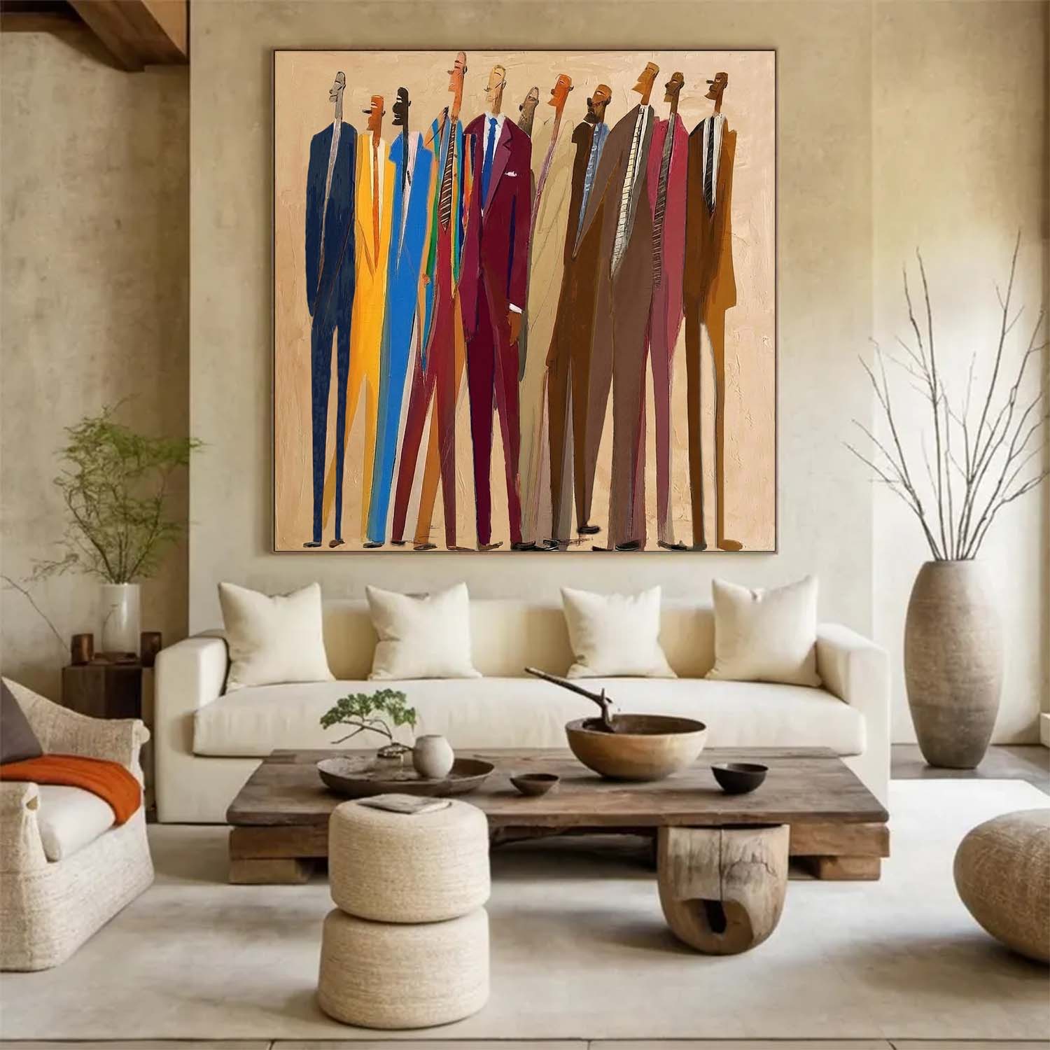 Abstract Portrait Painting -Hand-Painted Figures in Suits for Office & Living Room Decor