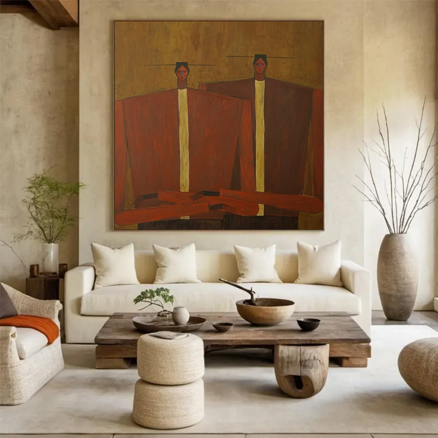 Earth-Toned Abstract Figurative Painting - Modern Folk Art Style Decor