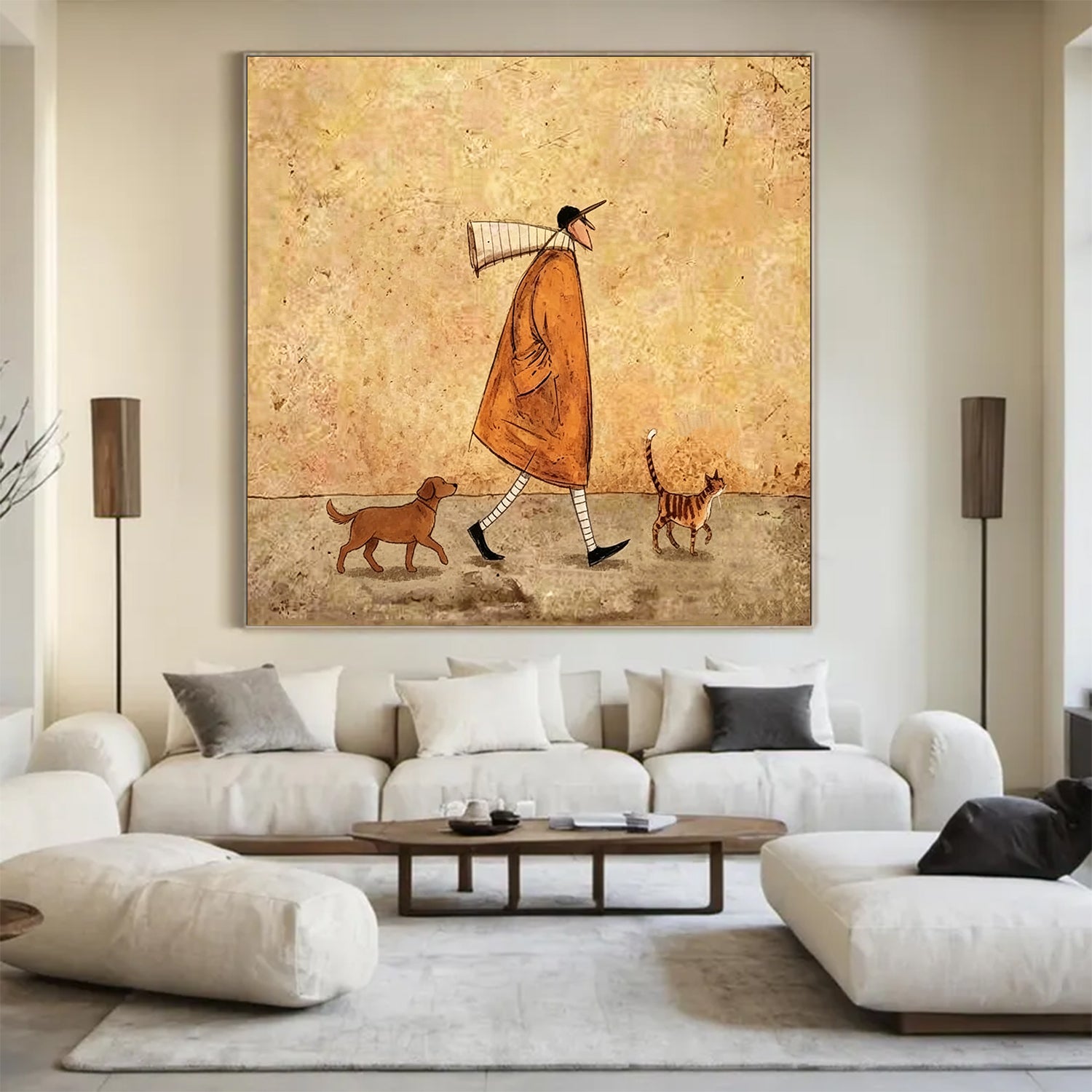 Hand Painted Whimsical Man Walking Dog and Cat Wall Art, Vintage Rustic Pet Lover Painting