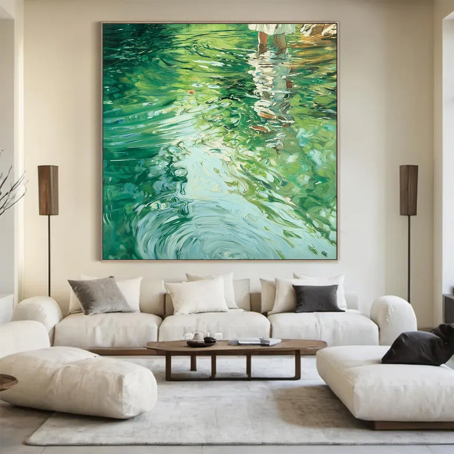 Oil painting of a girl on water, lakeside painting, green textured landscape art