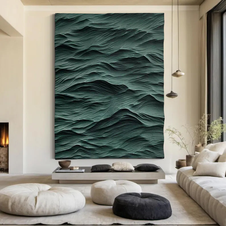 Green sculpture Waves Textured Wall Decor Green Sculptured Wood Block Art Sculptured art Painting