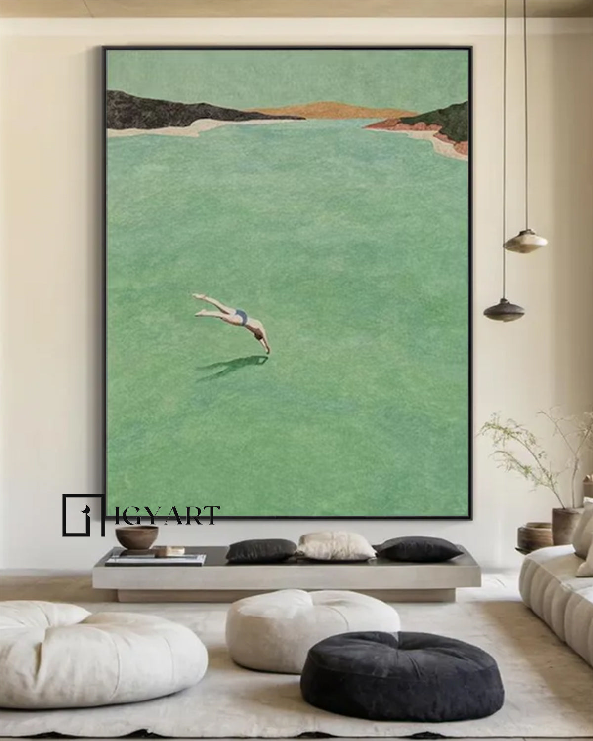 A man Diving Swimming Drawing Diving Swimming Drawing Large green wall art swimming painting holiday style wall art