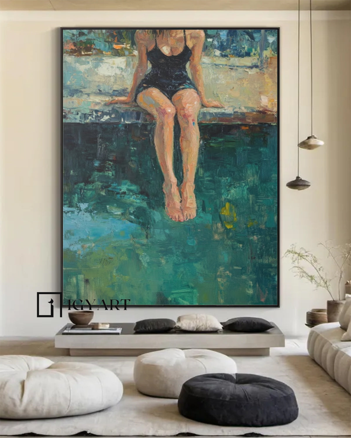 Woman by the pool canvas wall art impressionist oil painting relaxing summer tranquil art home decor