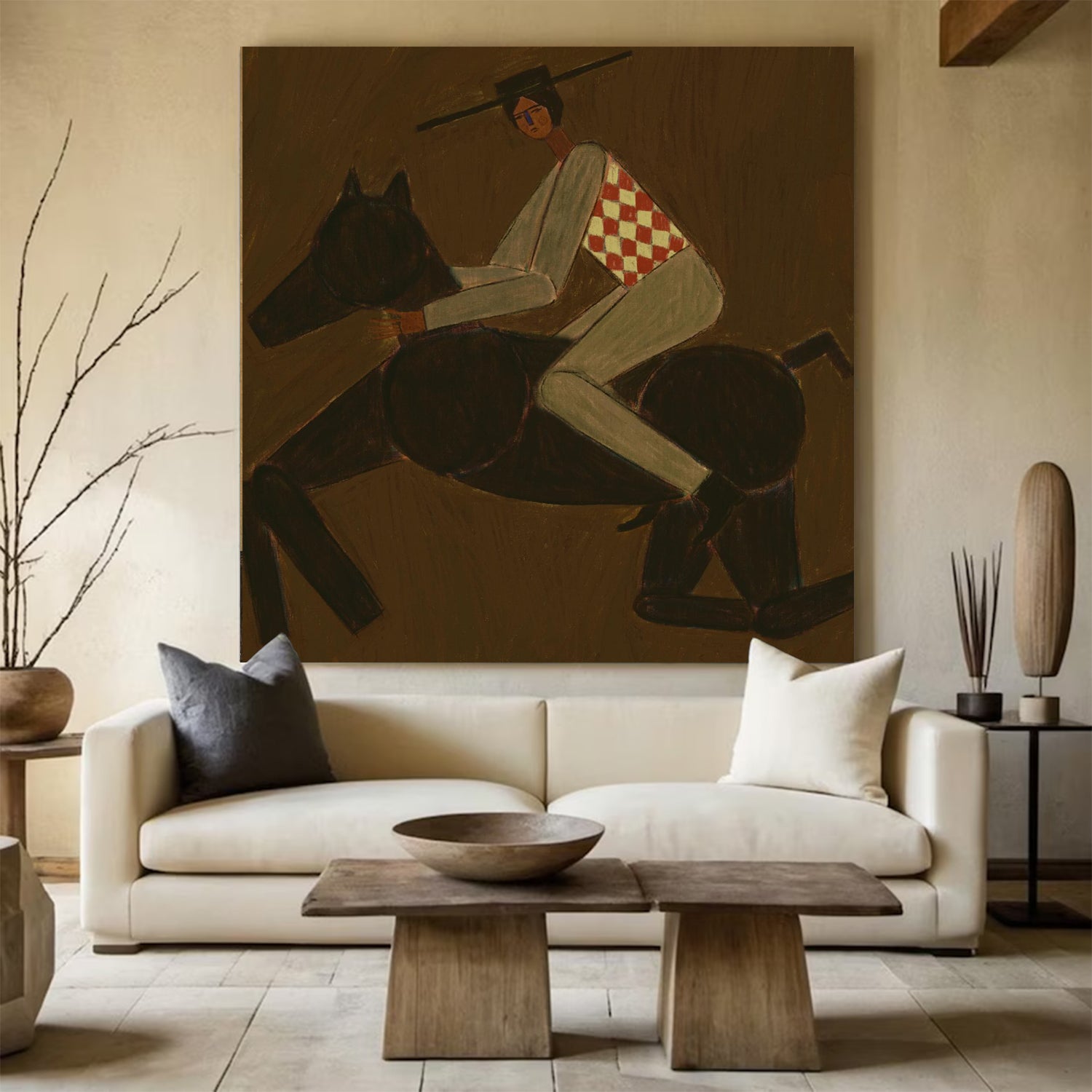 Modern Folk Art Equestrian Wall Art Decor Boho Horse Rider Painting
