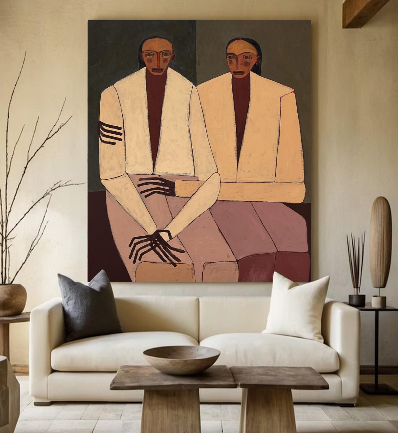 Double Portraits art Boho figurative art Neutral Beige Above sofa art