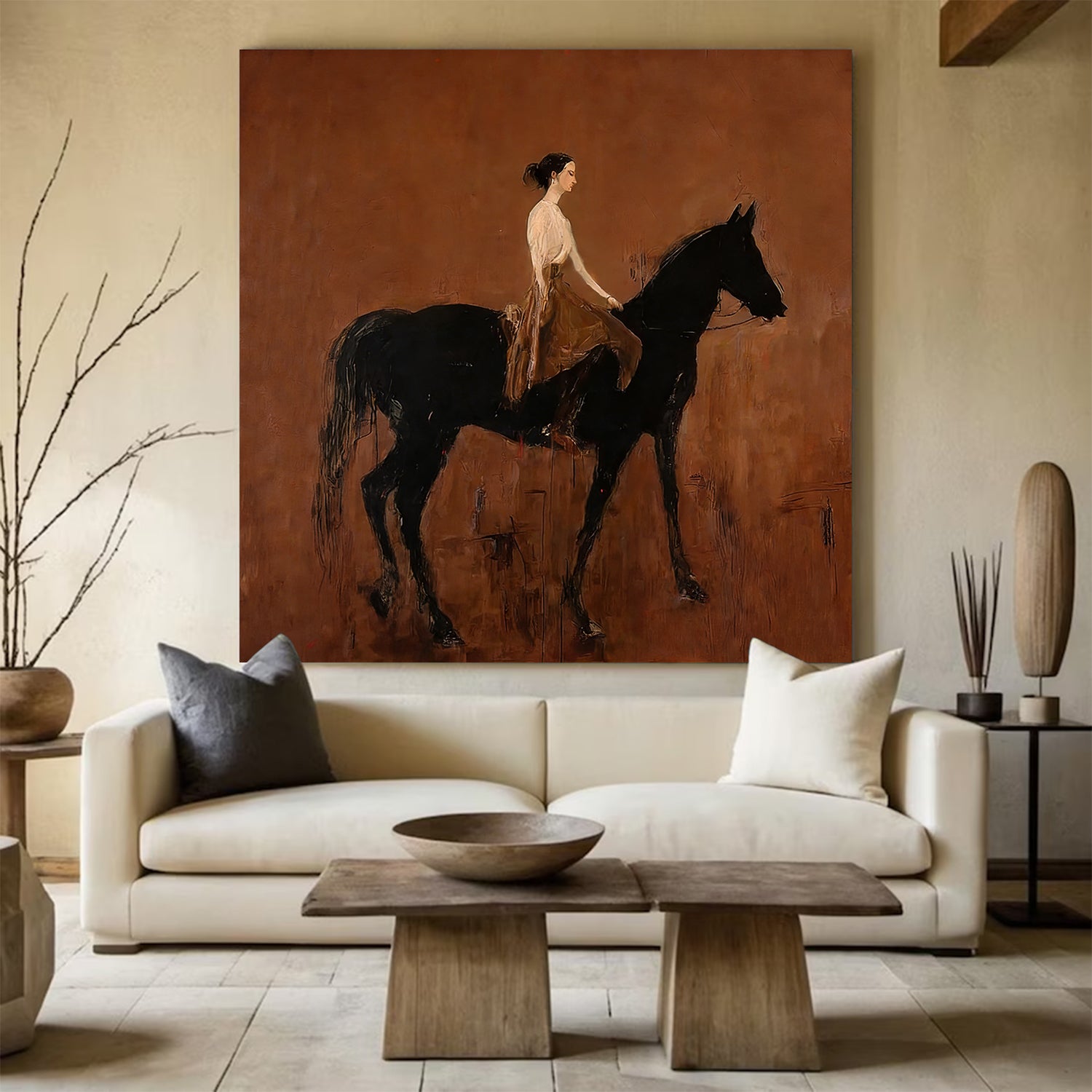 Black Horse Painting Modern Folk Art Person Riding Horse Wall Decor