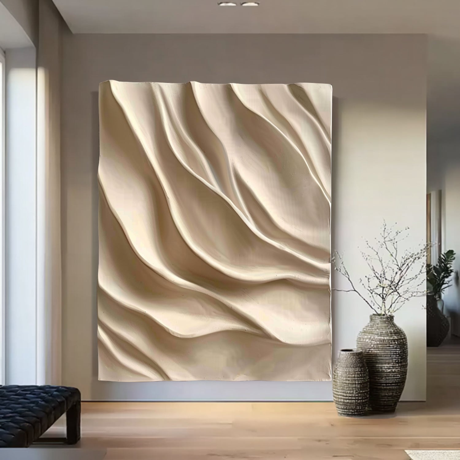 3D Wood Textured Wall Art Large Beige 3D Wall Art for Living Room