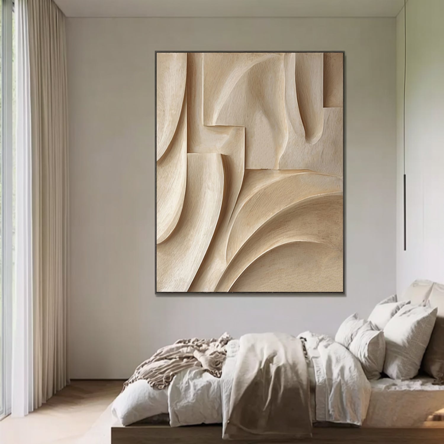 Hand-Carved Wood Wall Hanging Textured Beige Wood Wall Art Minimalist