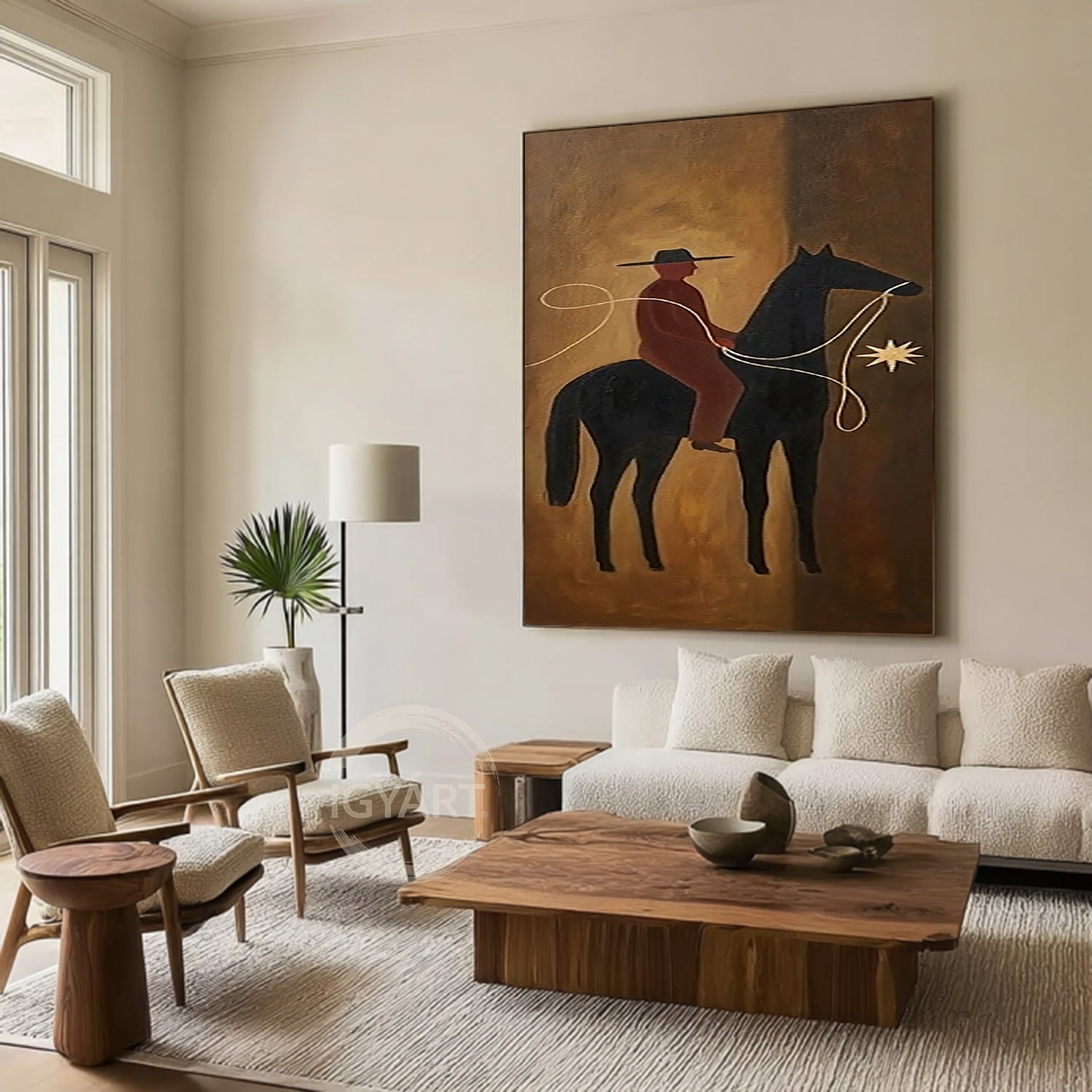 Mid-century Modern Folk Art Boho Wall Art Equestrian Oil Painting