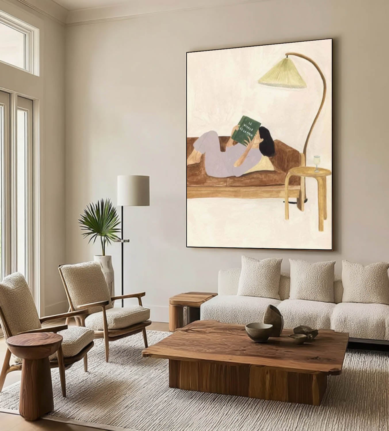 Modern Figurative Canvas Decor, Aesthetic Woman on Sofa, Neutral Tone Art