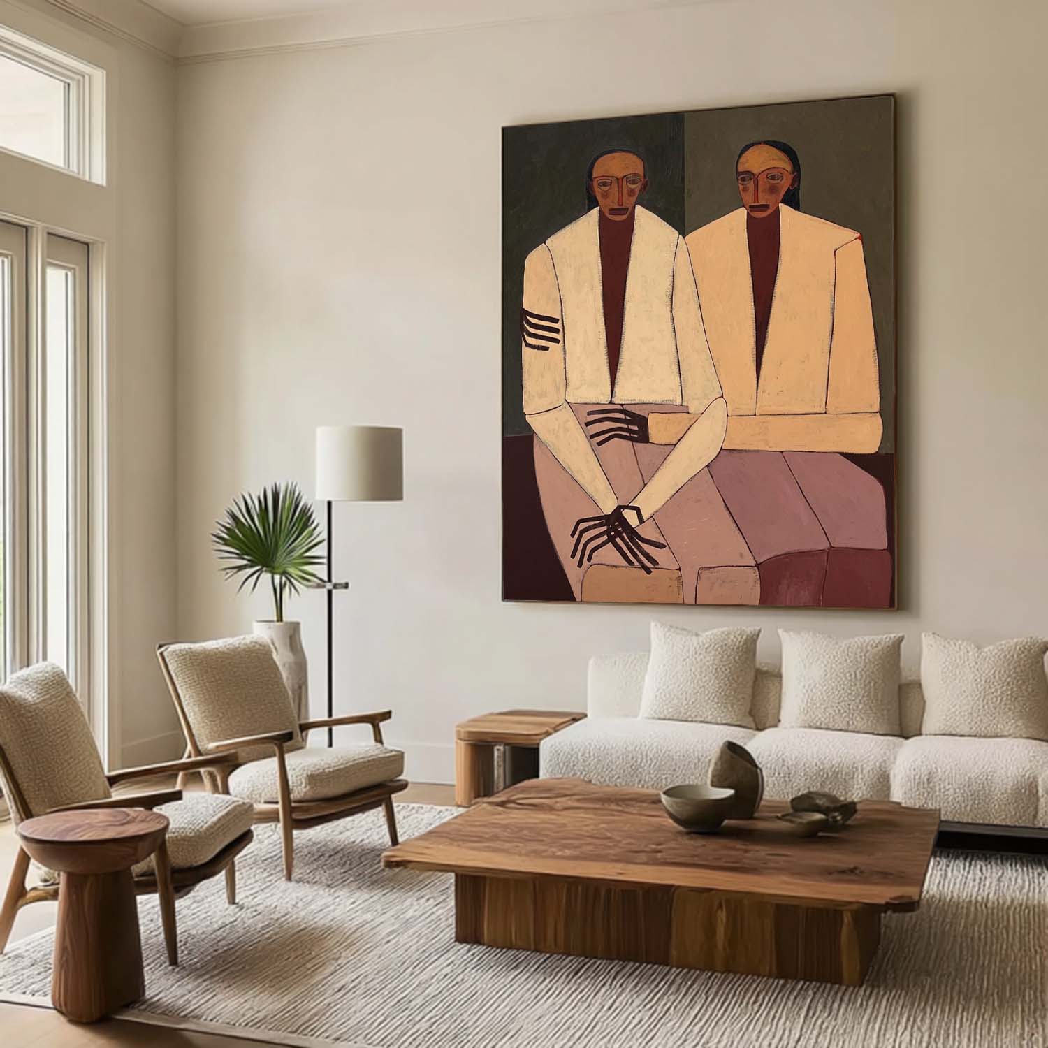 Double Portraits art Boho figurative art Neutral Beige Above sofa art