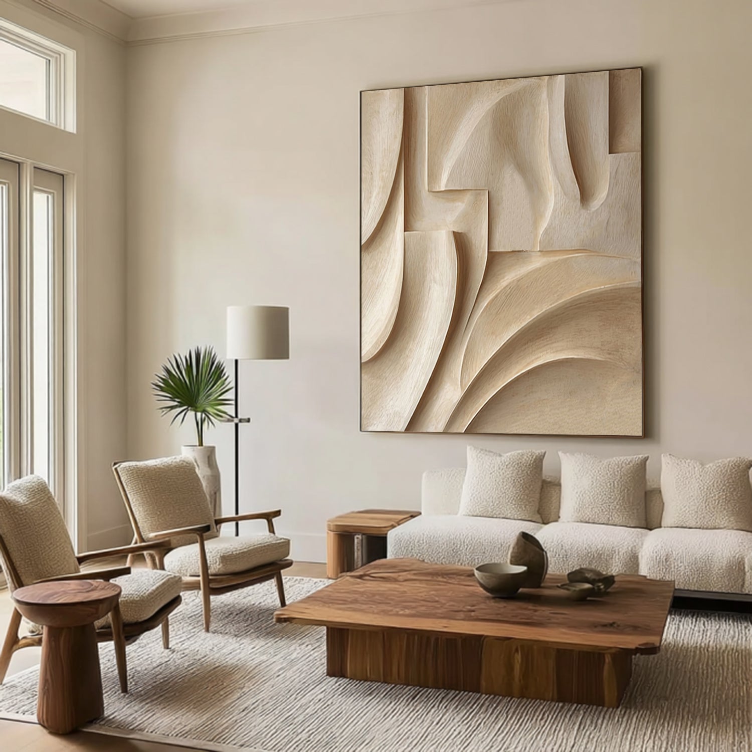 Hand-Carved Wood Wall Hanging Textured Beige Wood Wall Art Minimalist