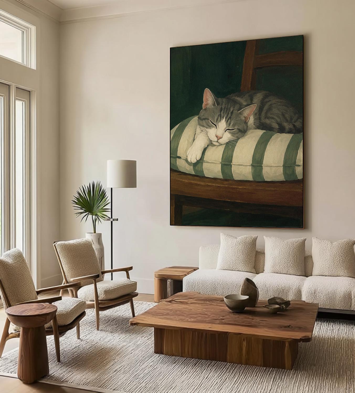 Mid-century Modern Sleeping Cat Oil Painting Modern Wabi-Sabi Style Pet Portrait art