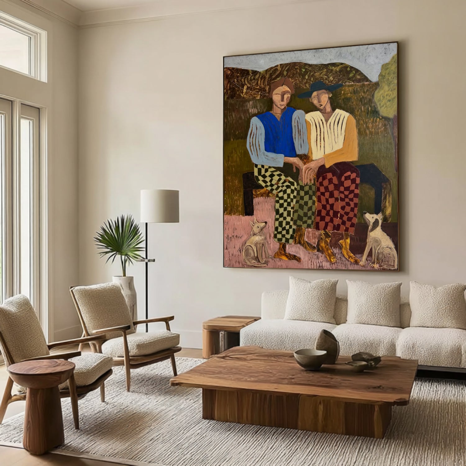 Abstract People and Dogs Art Modern Figurative Oil Painting Mid-century Modern Decor