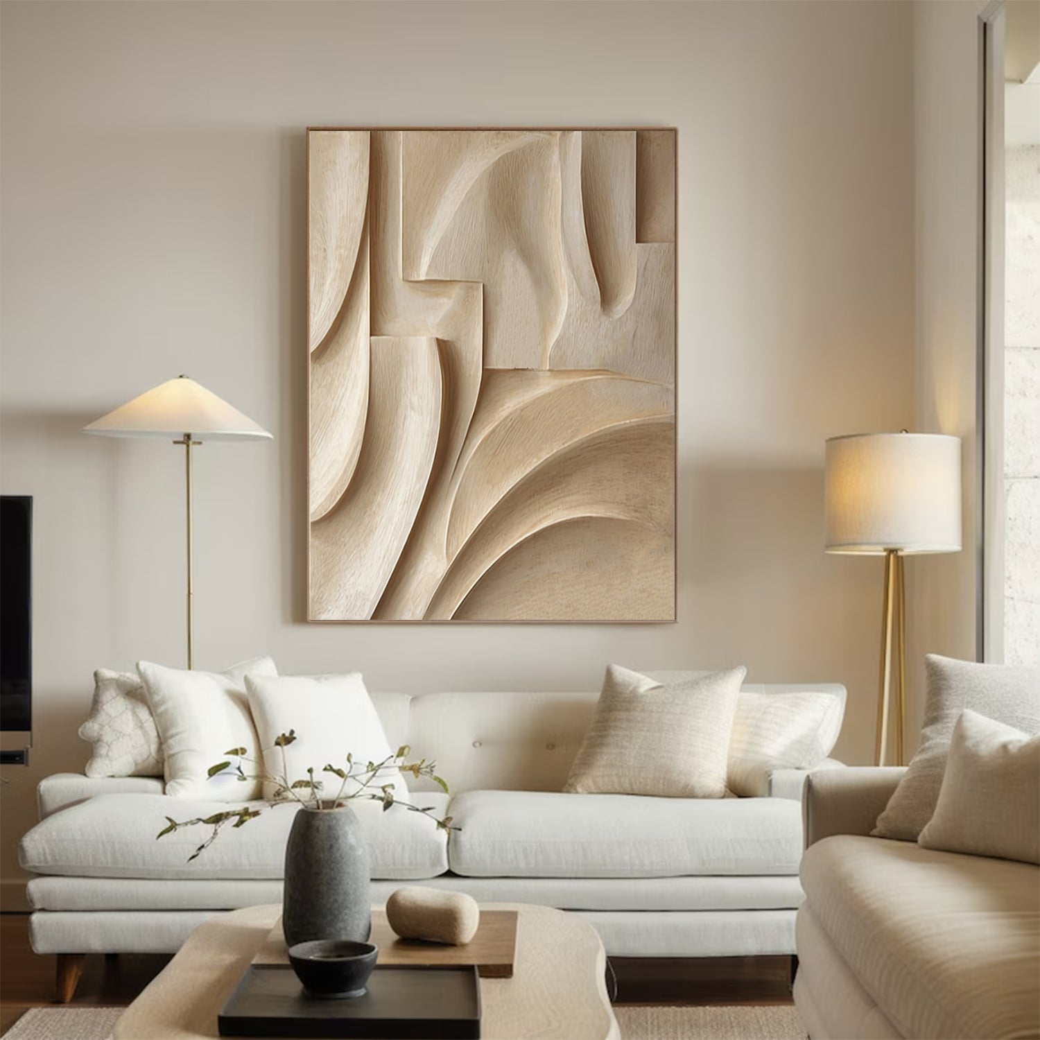 Hand-Carved Wood Wall Hanging Textured Beige Wood Wall Art Minimalist