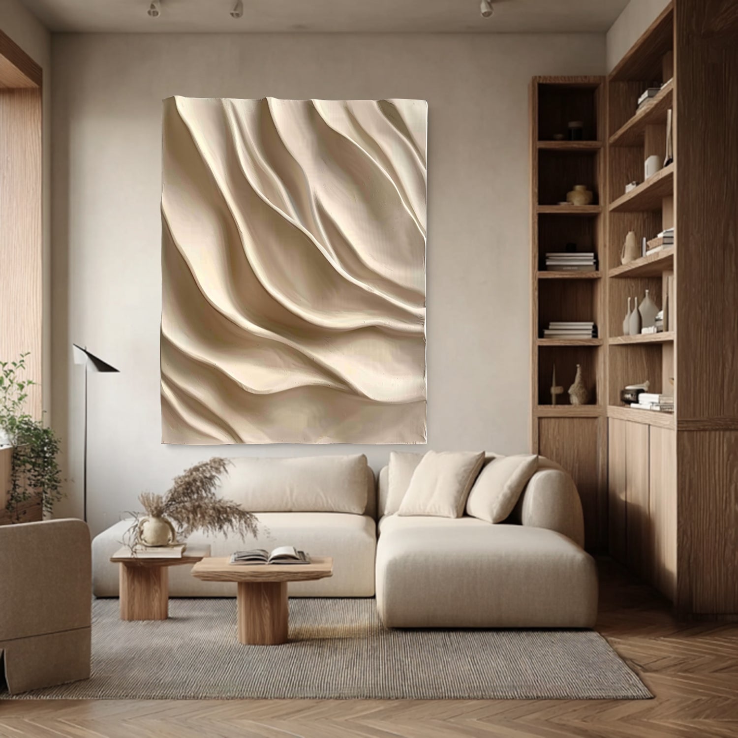 3D Wood Textured Wall Art Large Beige 3D Wall Art for Living Room