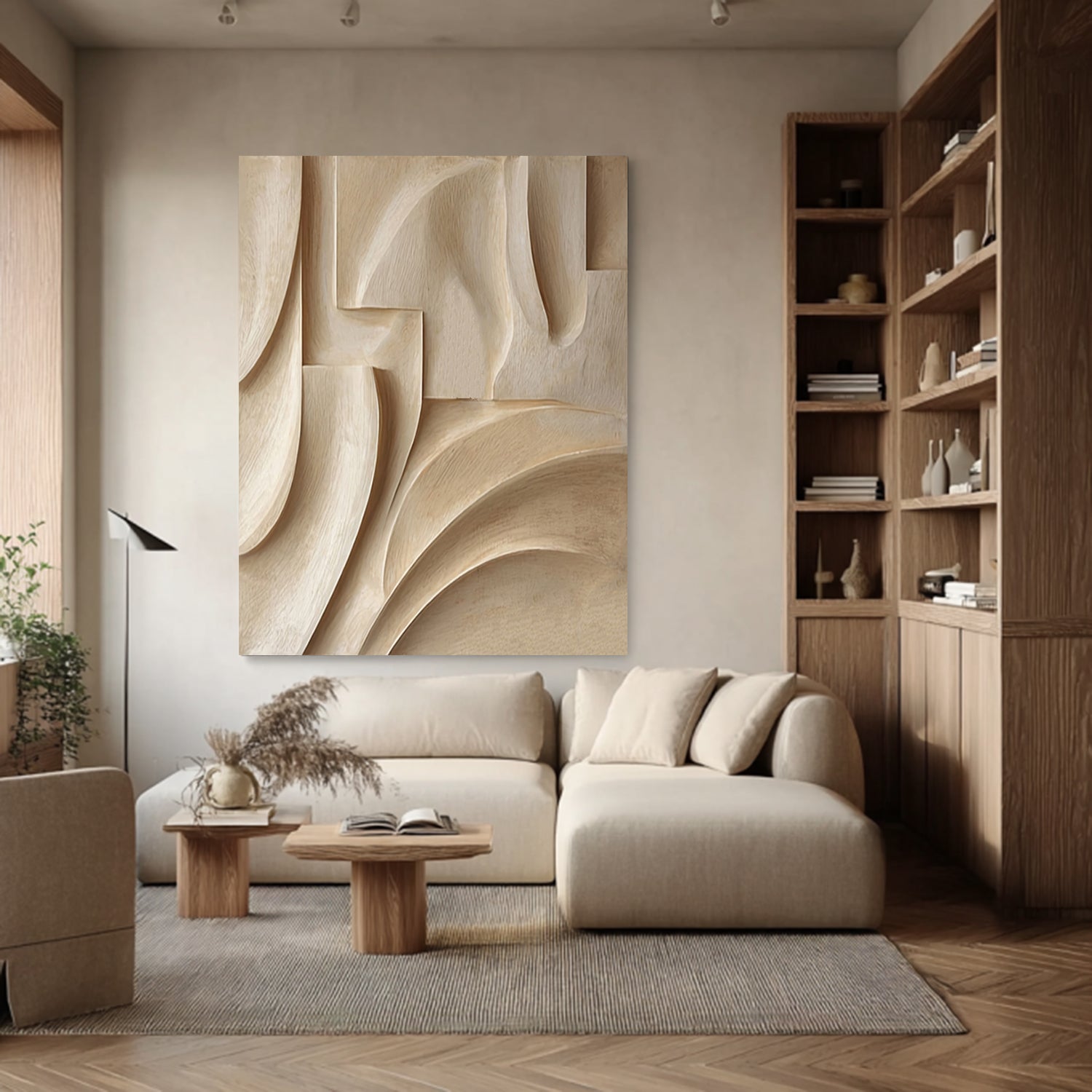 Hand-Carved Wood Wall Hanging Textured Beige Wood Wall Art Minimalist