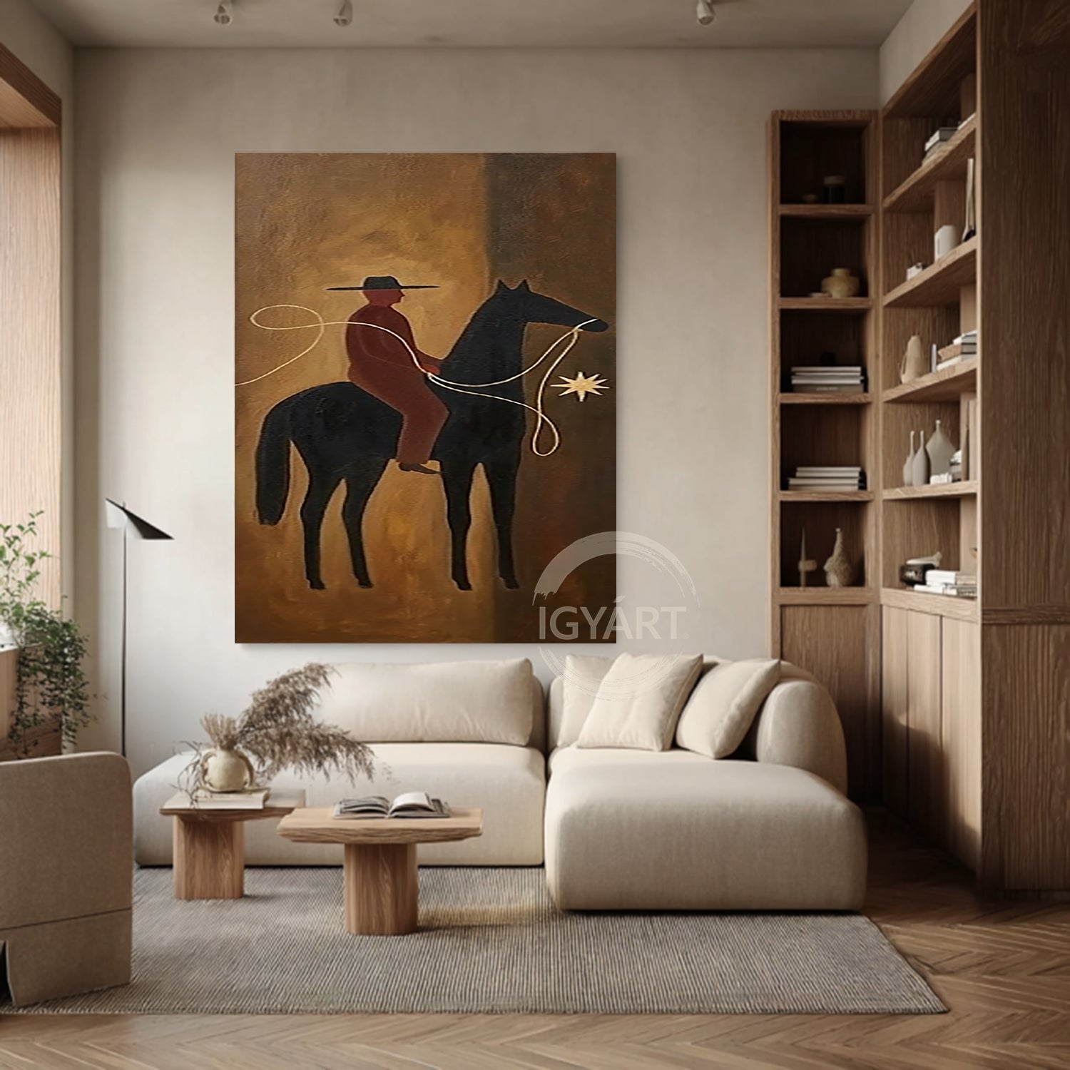 Mid-century Modern Folk Art Boho Wall Art Equestrian Oil Painting