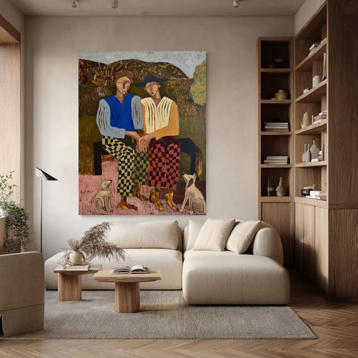 Abstract People and Dogs Art Modern Figurative Oil Painting Mid-century Modern Decor