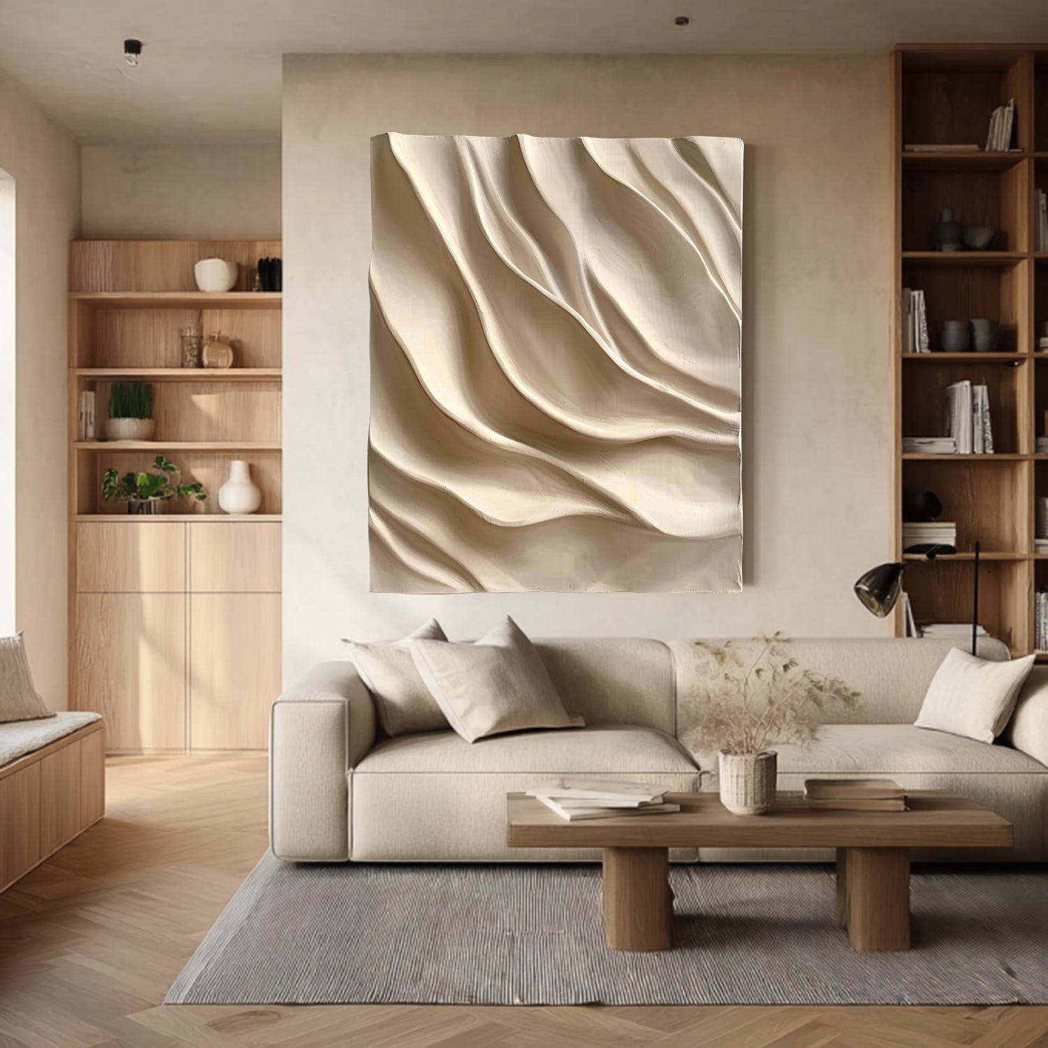 3D Wood Textured Wall Art Large Beige 3D Wall Art for Living Room