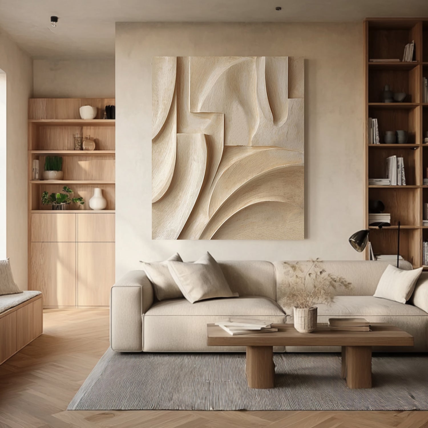 Hand-Carved Wood Wall Hanging Textured Beige Wood Wall Art Minimalist