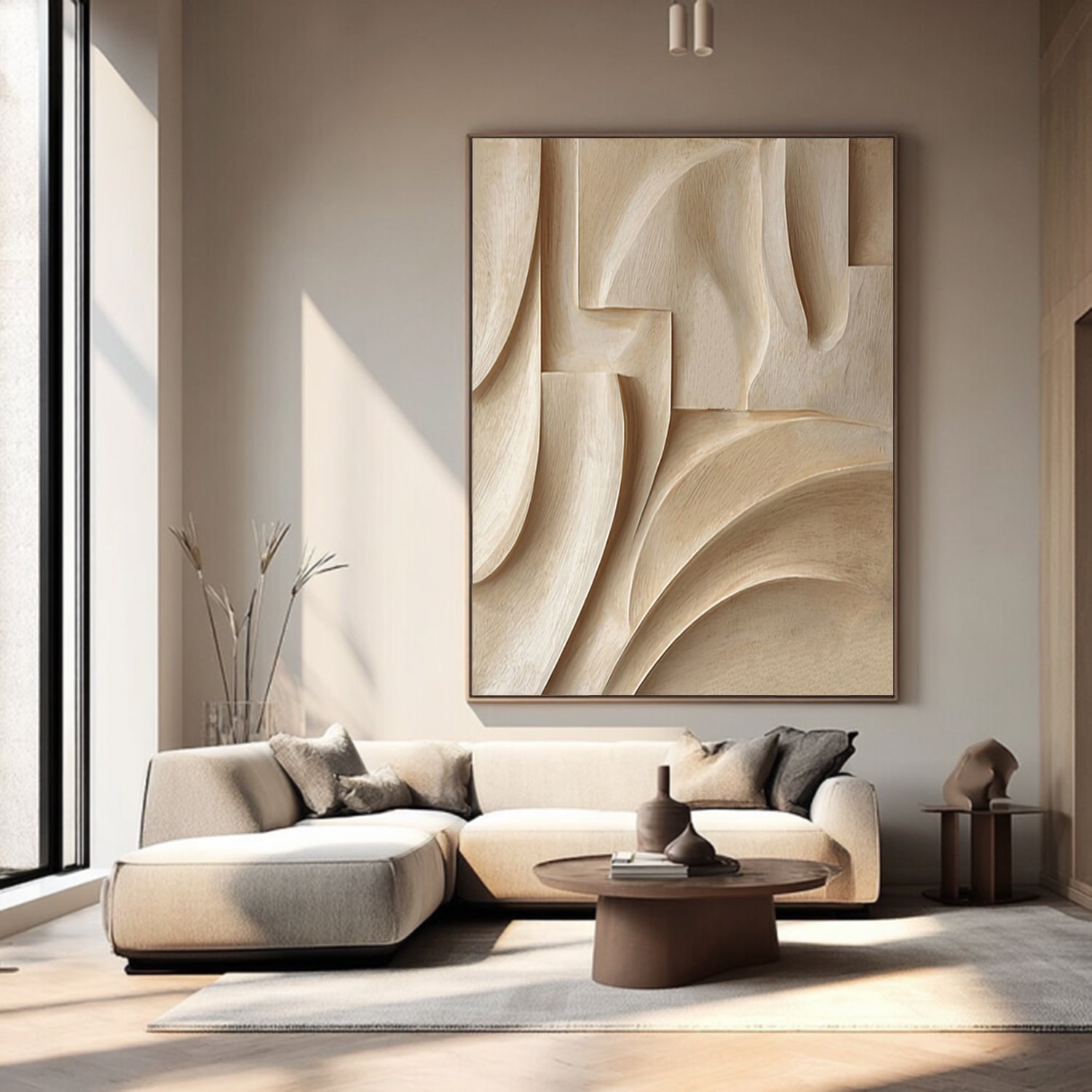 Hand-Carved Wood Wall Hanging Textured Beige Wood Wall Art Minimalist