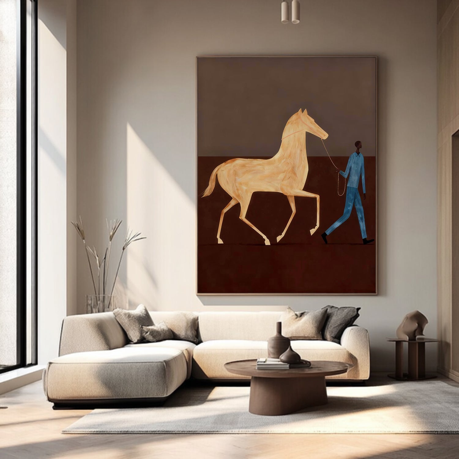 Contemporary Folk Style Horse and Rider Painting Equestrian Wall Art