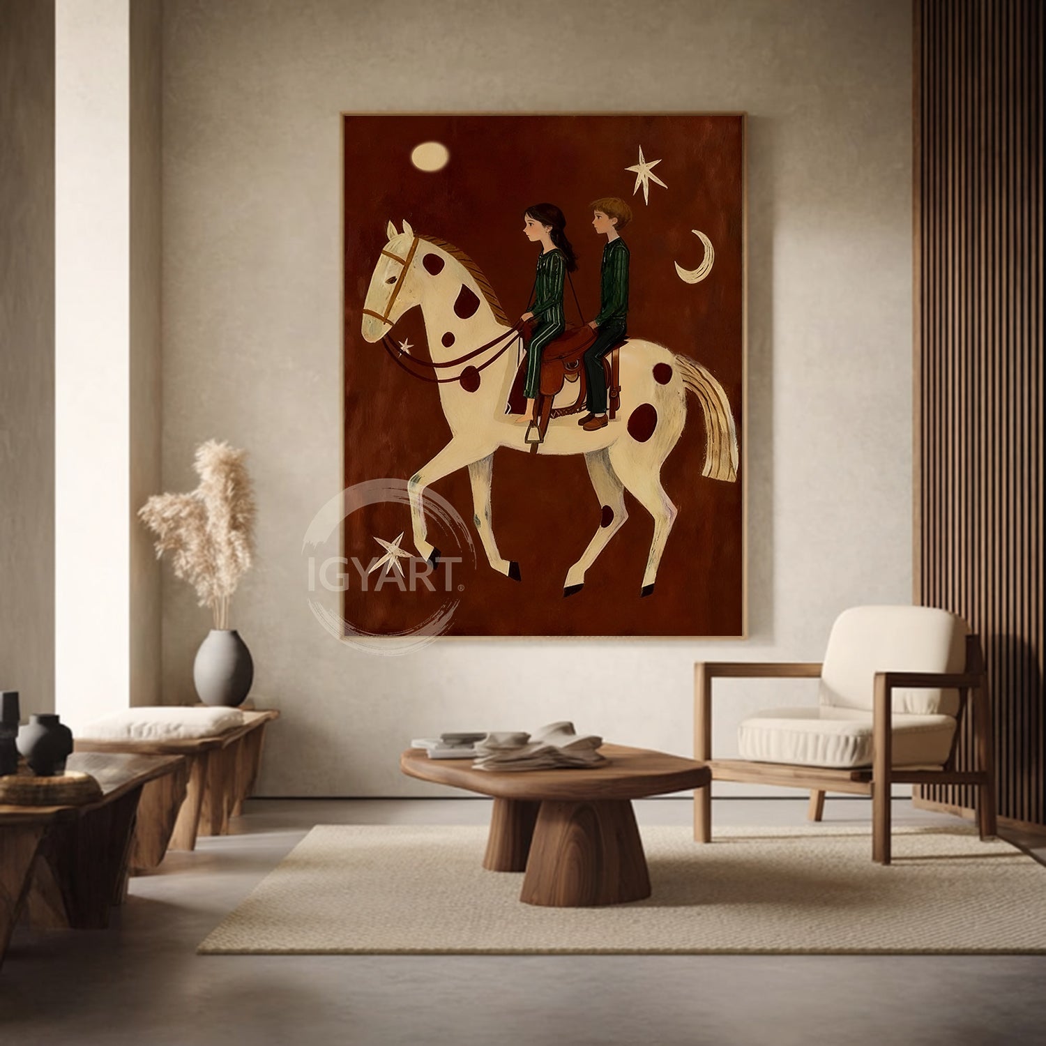 Mid-century Modern Folk Art Boho Wall Art Equestrian Oil Painting
