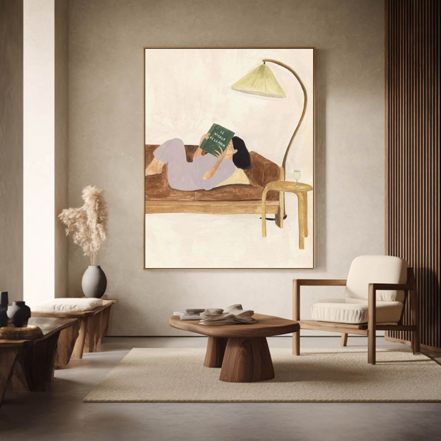 Modern Figurative Canvas Decor, Aesthetic Woman on Sofa, Neutral Tone Art