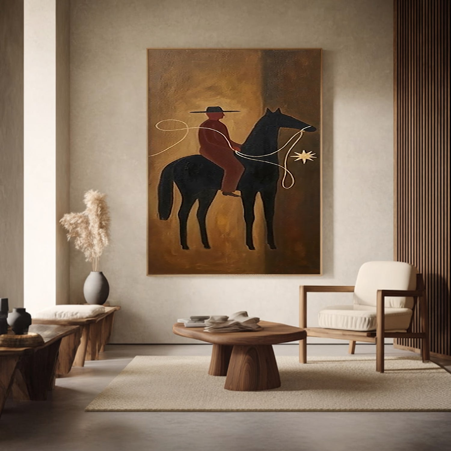 Mid-century Modern Folk Art Boho Wall Art Equestrian Oil Painting