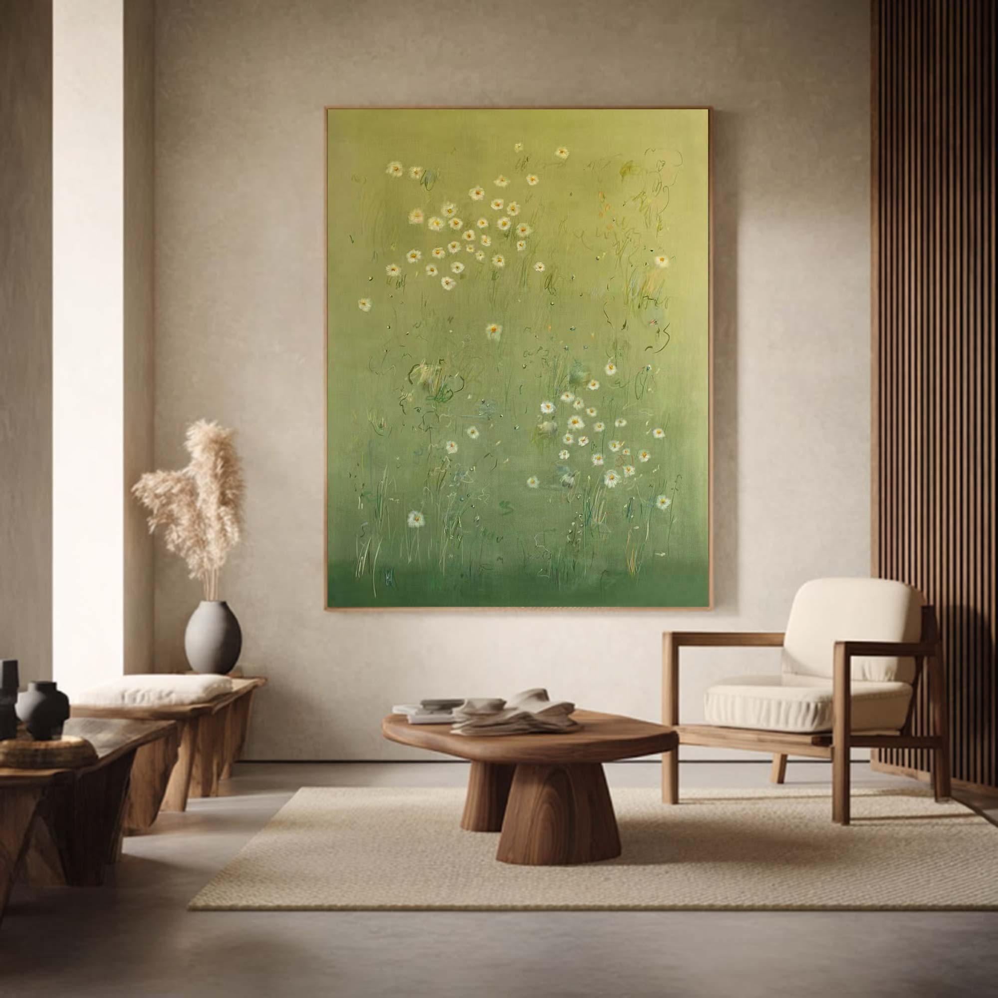 Green abstract painting, green plant wall painting, flower painting