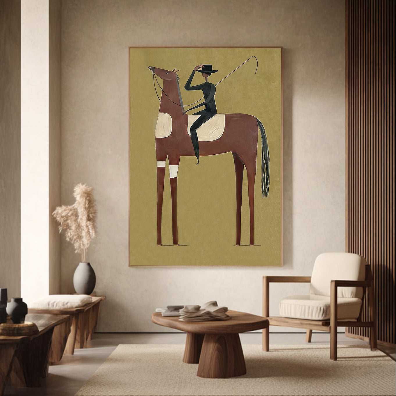 Minimalist black horse painting with red mane and a slim rider on olive green background.