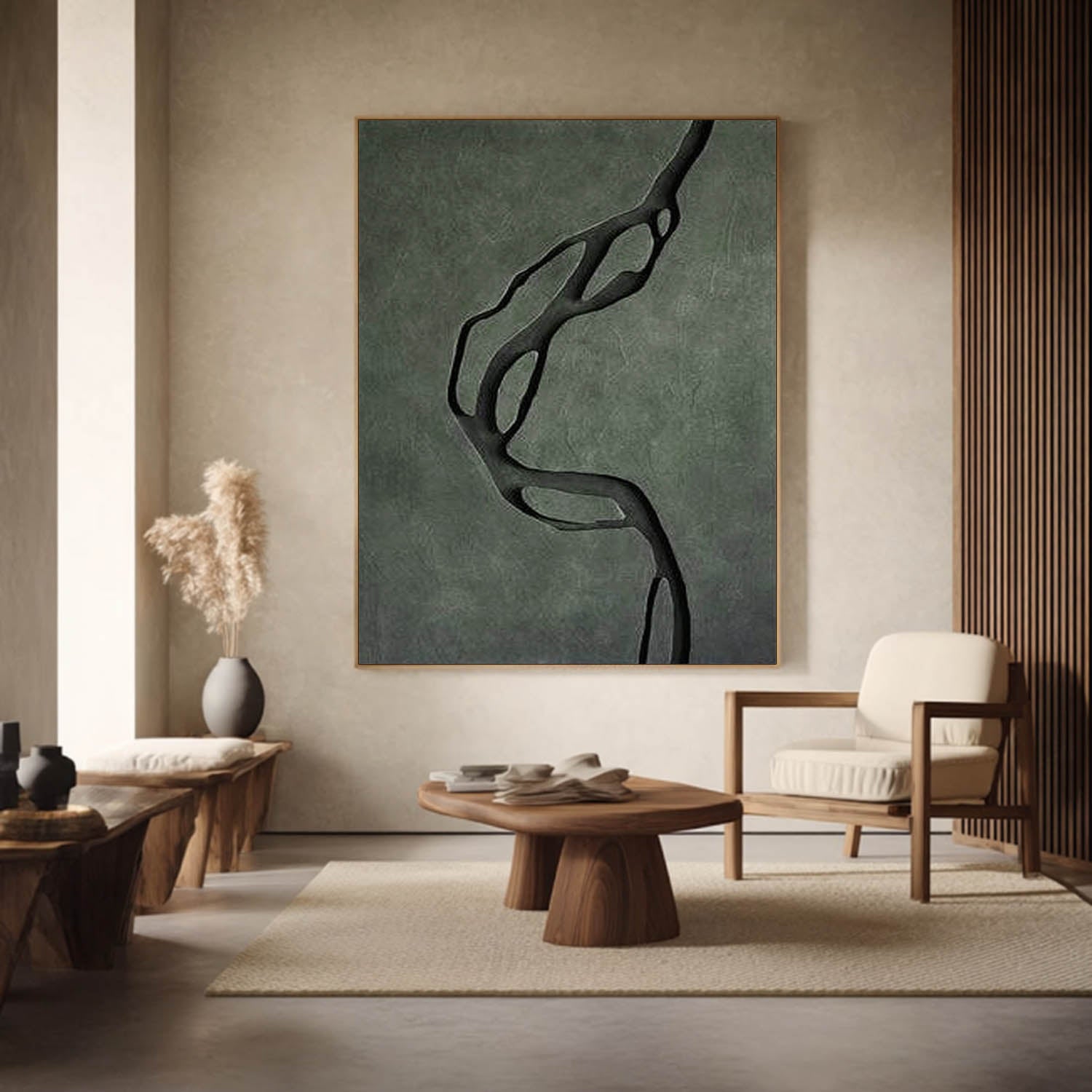 Modern Dark Green 3D Wood Wall Art Hand-Painted Textured 3D Wall Sculpture Decor