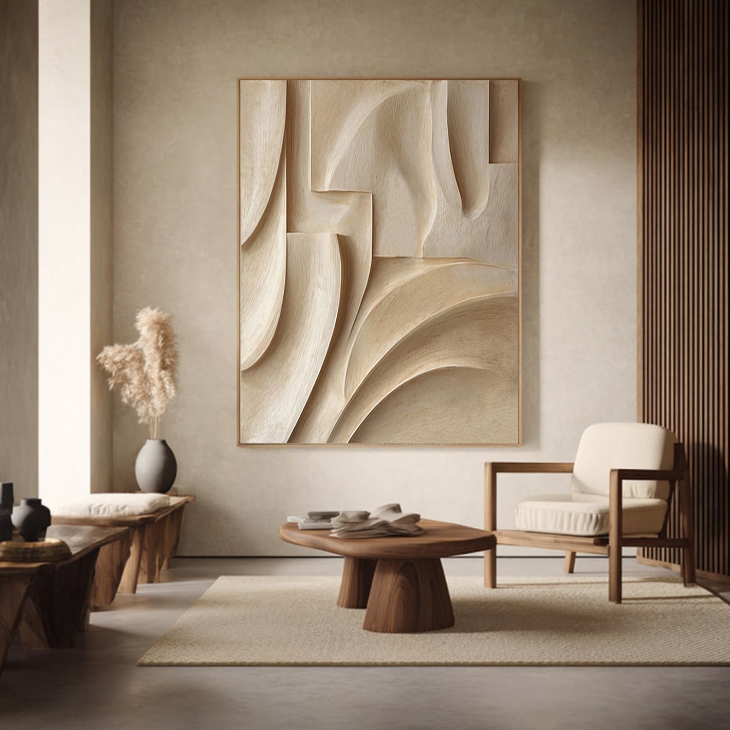 Hand-Carved Wood Wall Hanging Textured Beige Wood Wall Art Minimalist