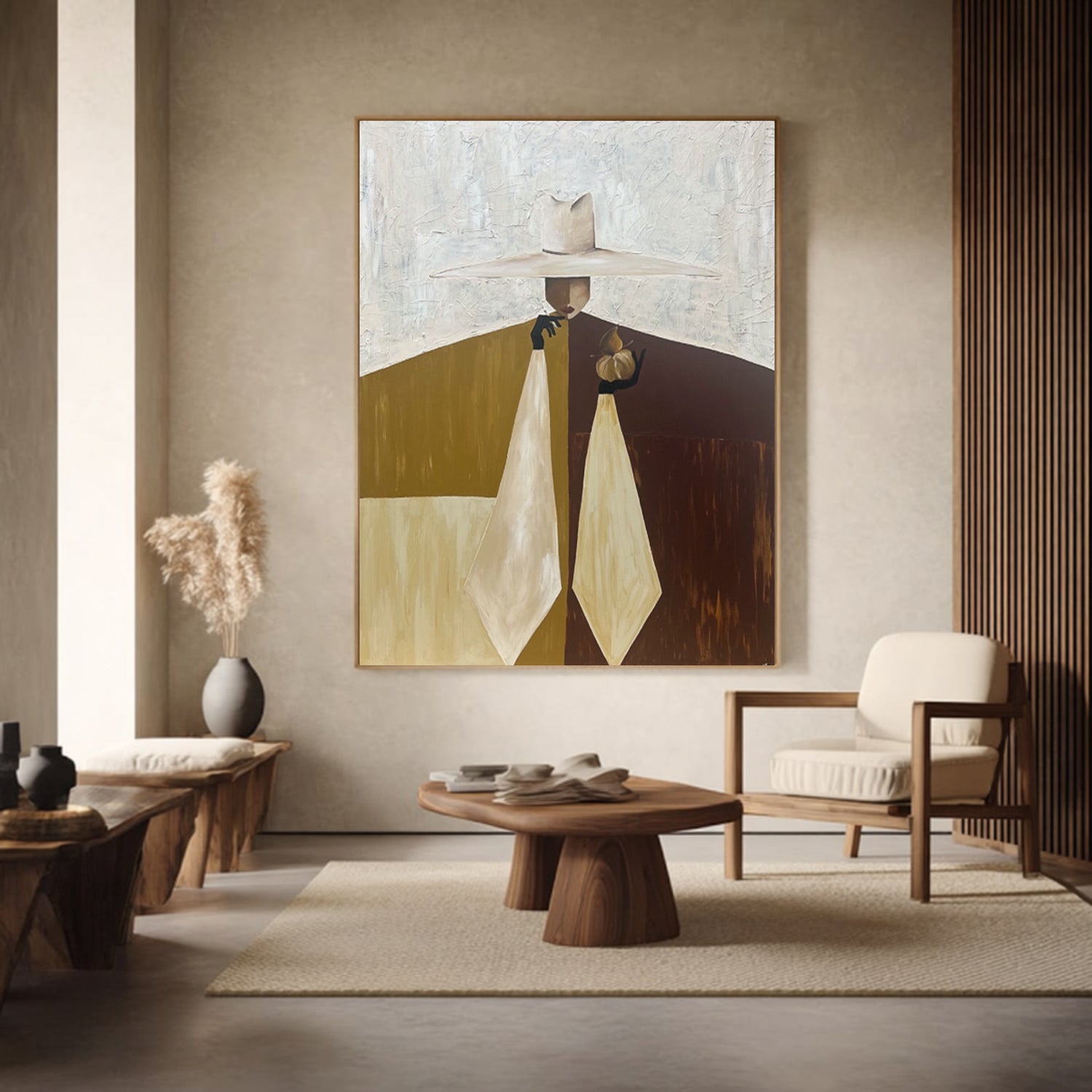 Hand-Painted Mid-Century Modern Abstract Portrait - Earthy Wall Art