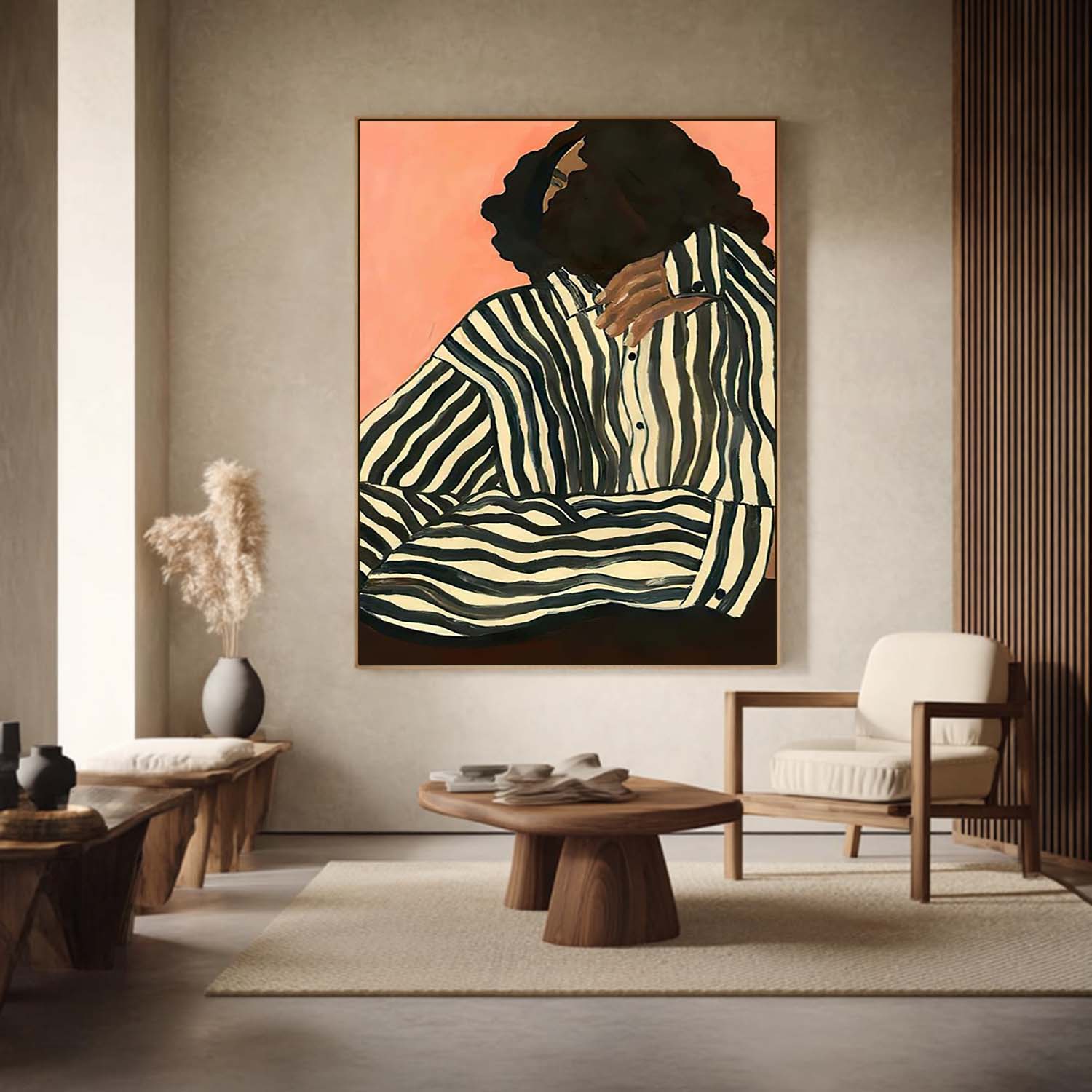 Chic Abstract Canvas Painting – Woman in Striped Shirt – Minimalist Modern Wall Art for Home