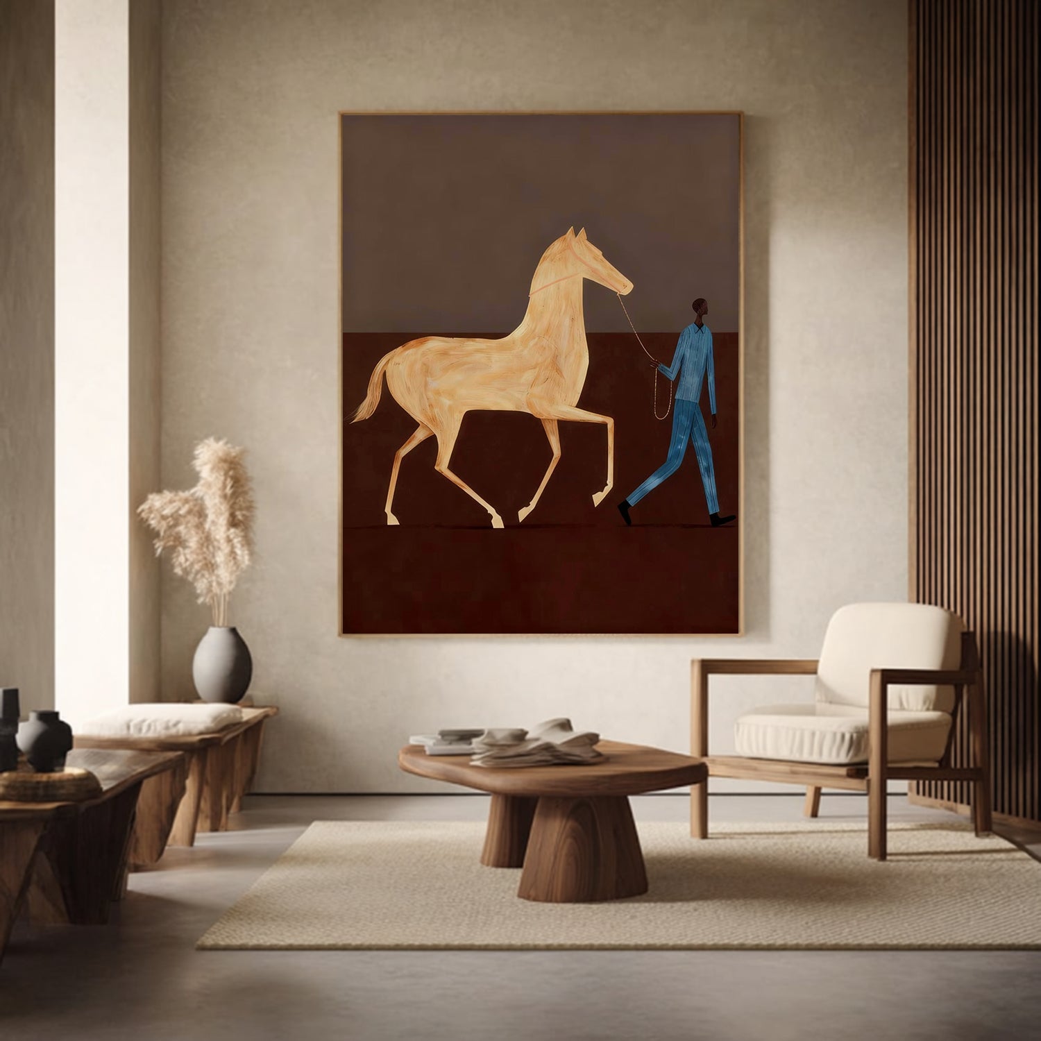 Contemporary Folk Style Horse and Rider Painting Equestrian Wall Art