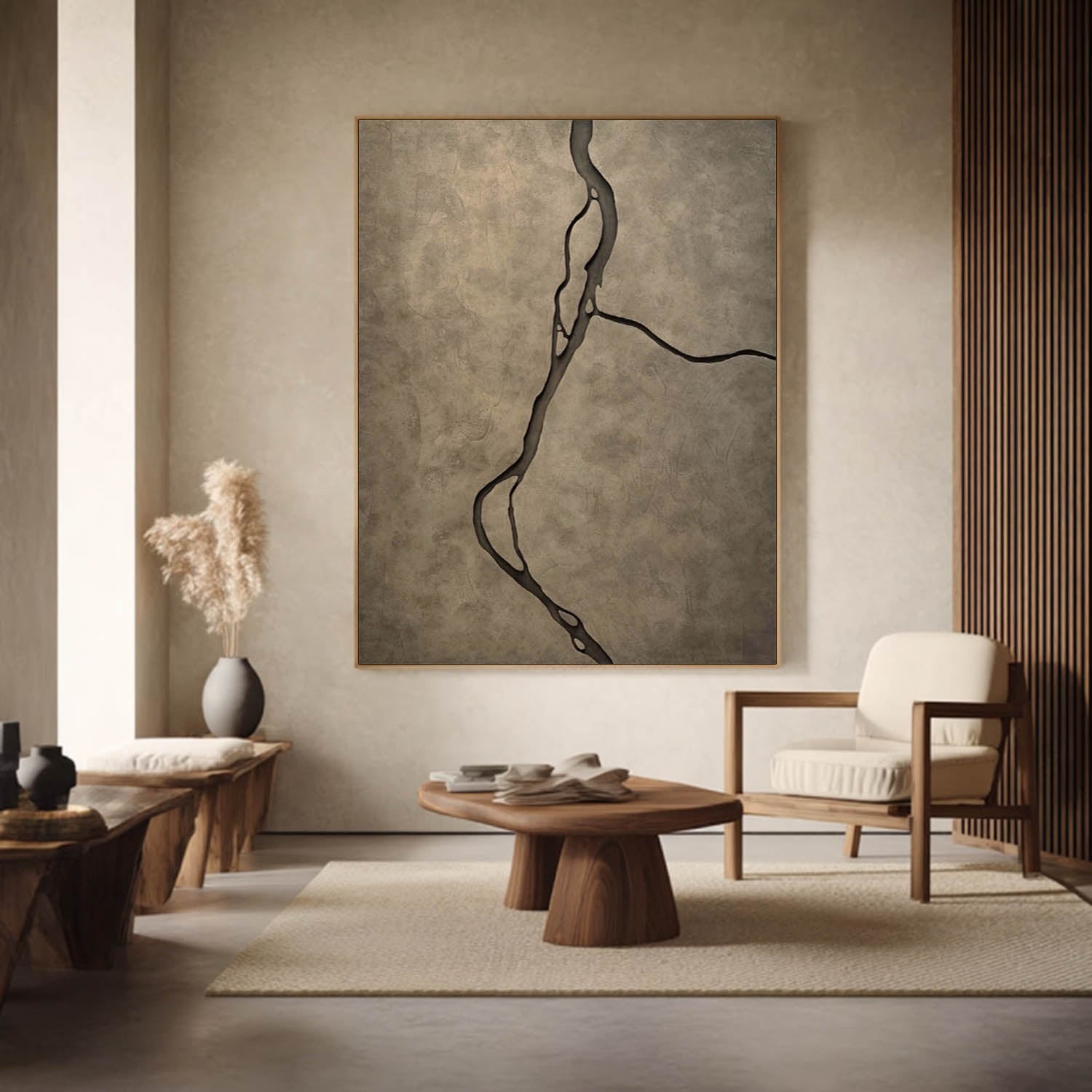 Hand-Sculpted Wabi-Sabi Wood Art - Abstract Earth Vein Texture Painting For Living Room Decor