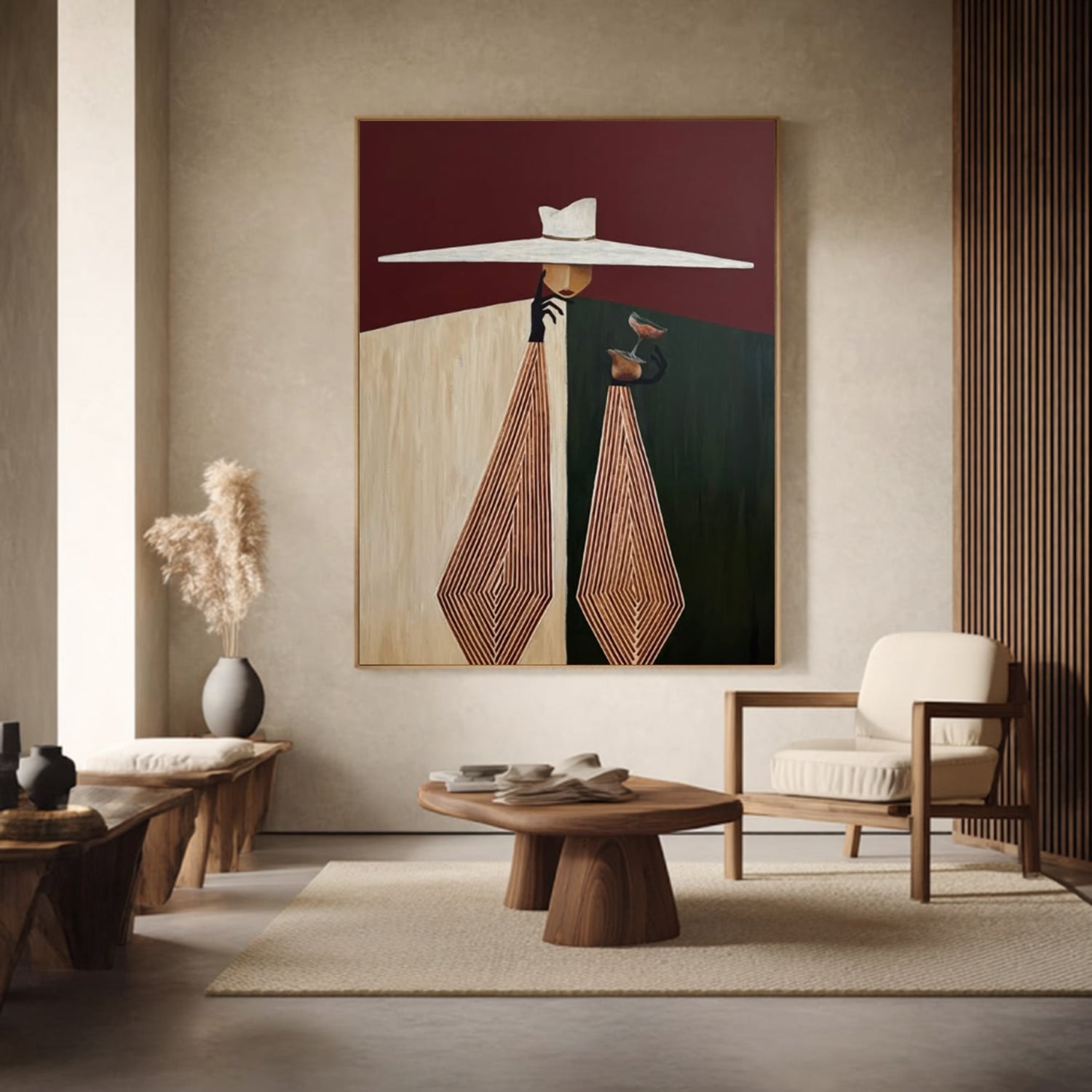 Burgundy Background Art Geometric Hand-Painted Abstract Oil Painting