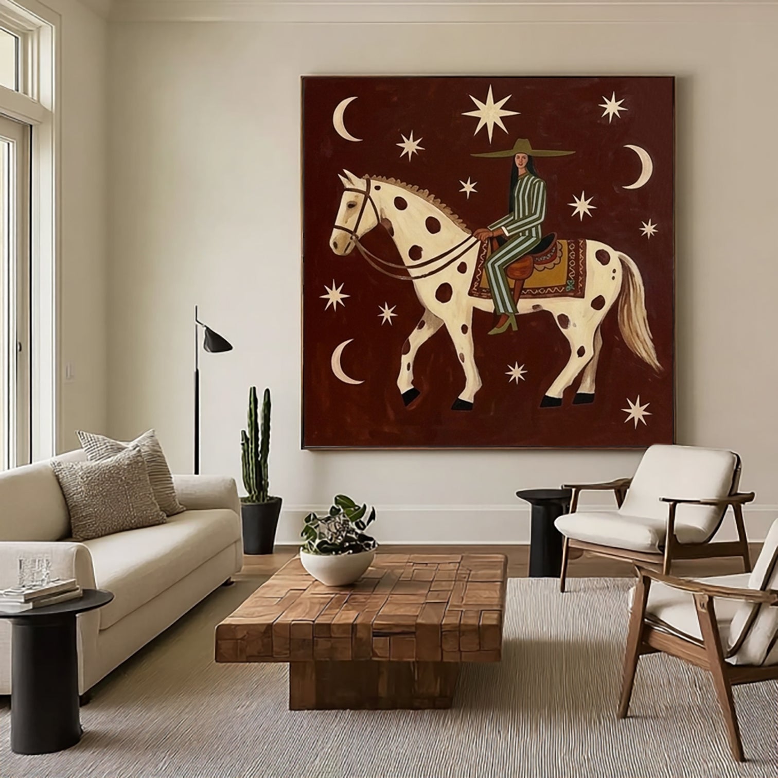 Woman on Horseback Original Hand-painted Oil Painting Modern Folk Art