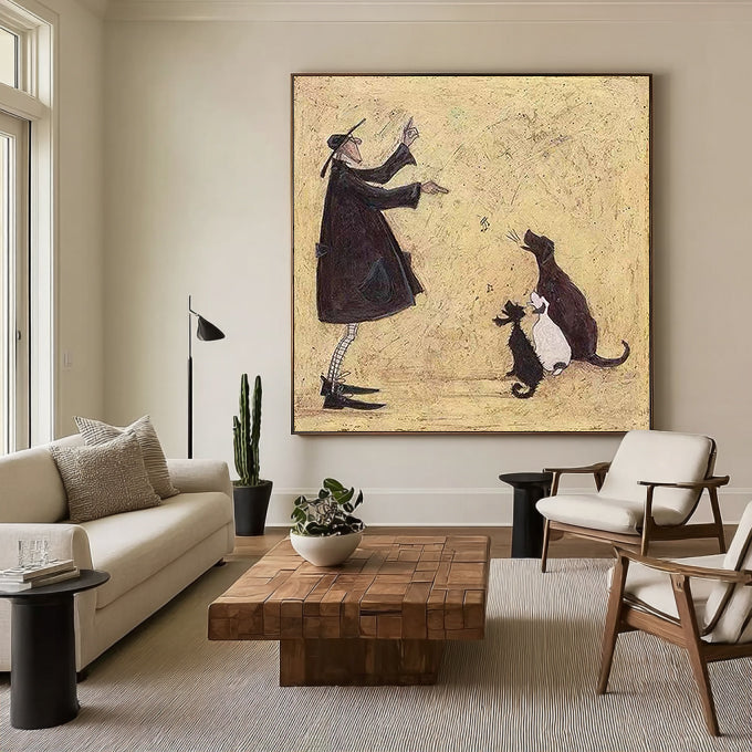 Funny Dog Lover Gift Man and Dog Art Vintage Folk Art Canvas Painting pet lover home decor