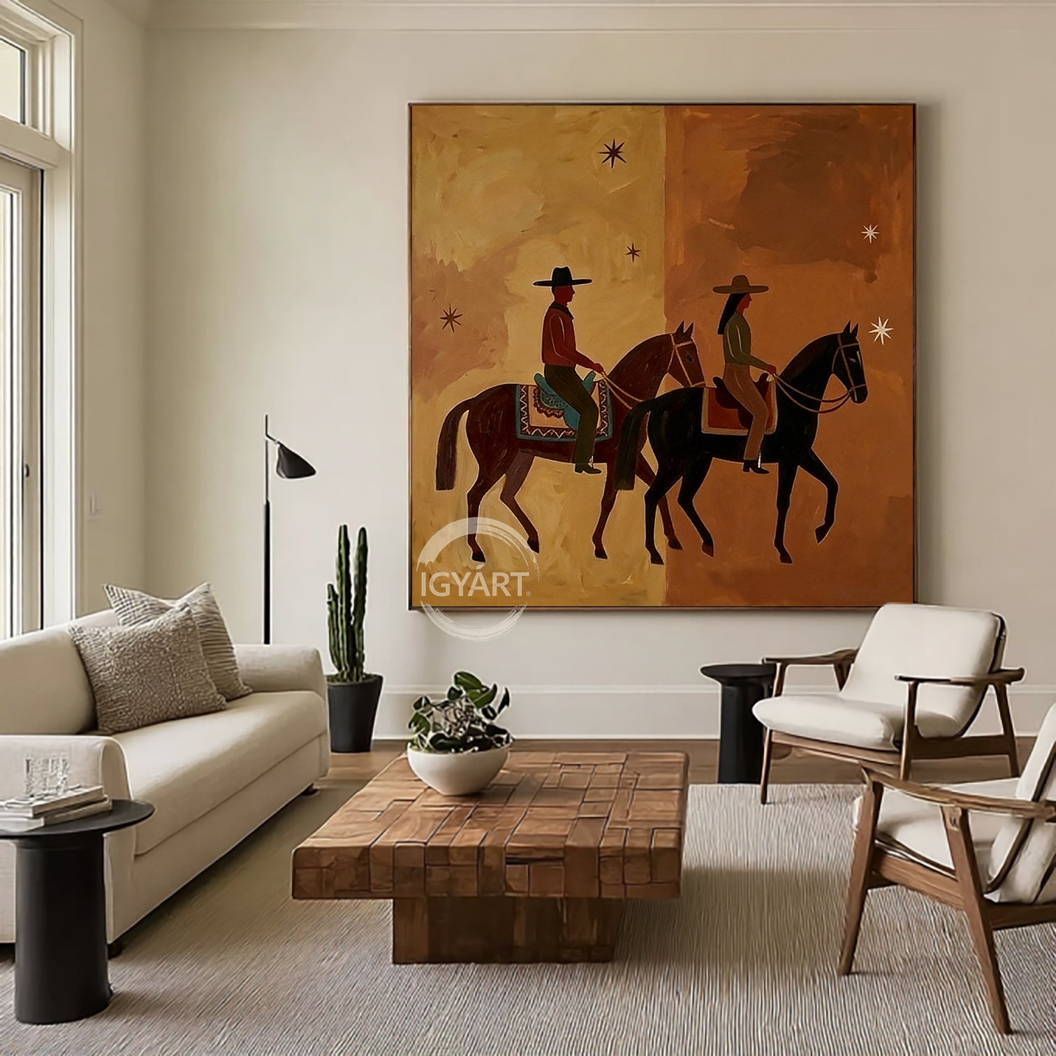 Western wall art of a man and woman riding horses side-by-side under stars, mid-century modern aesthetic, brown and beige split-tone background.