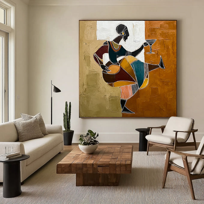 Hand-Painted Tribal Woman with Wine Glass | Modern Geometric Wall Art